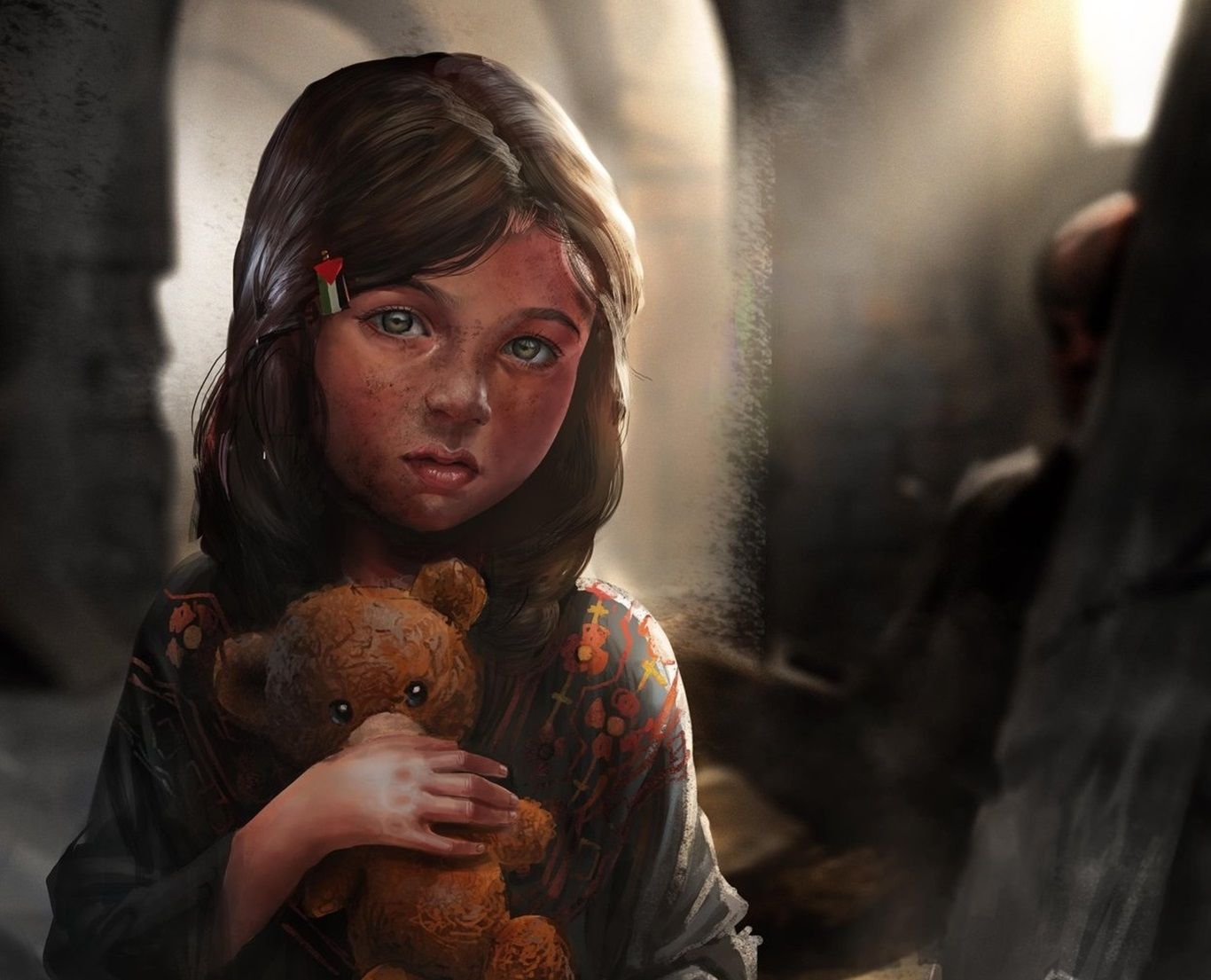 children, Ahmed maihope, Palestinian girl, Teddy bears, Illustration, Palestine, Caricature, Depth of field Wallpapers HD / Desktop and Mobile Backgrounds