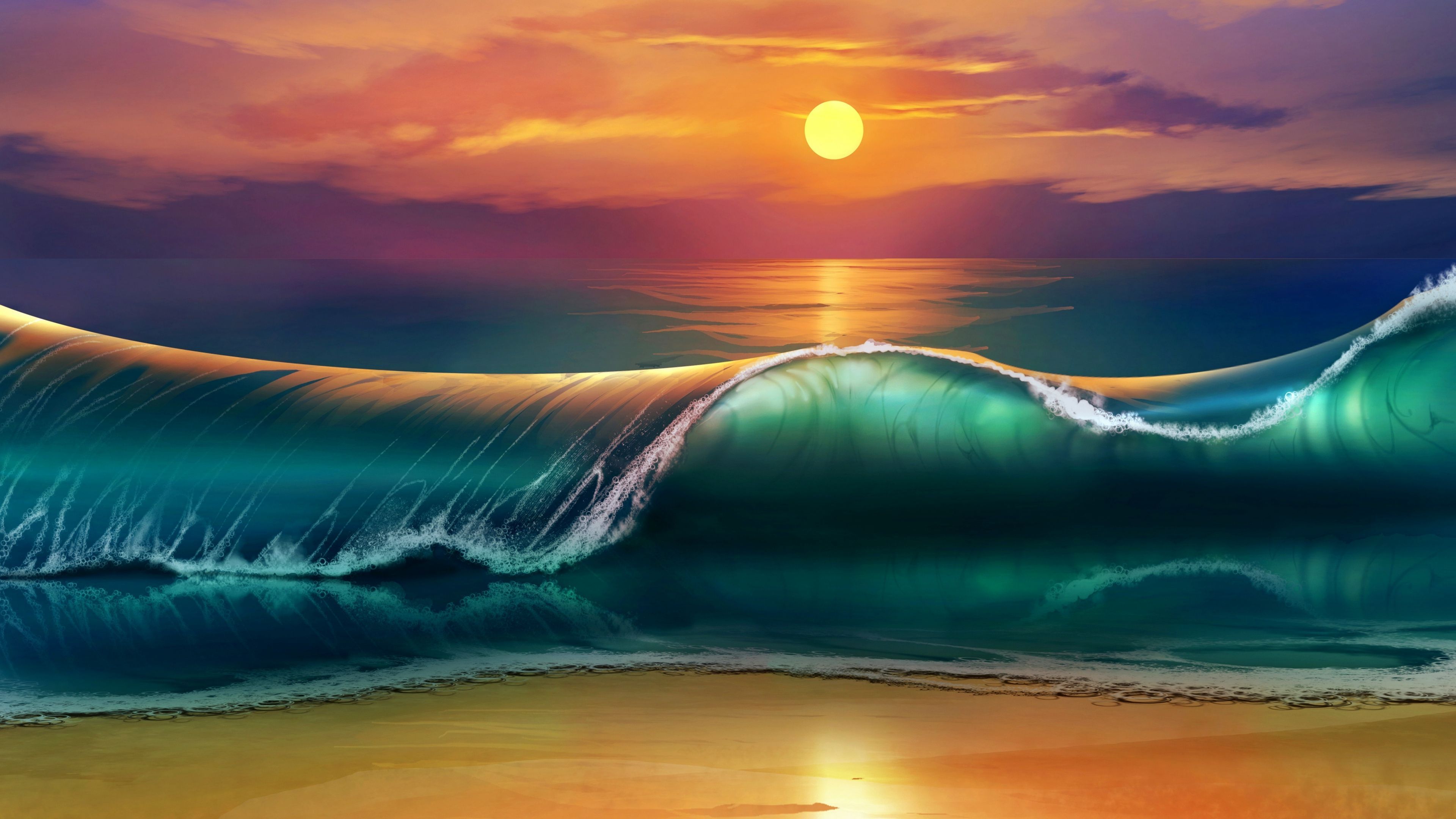 Download Wallpaper 3840x2160 art, sunset, beach, sea, waves 4K Ultra HD HD Background. Ocean waves painting, Waves wallpaper, Waves