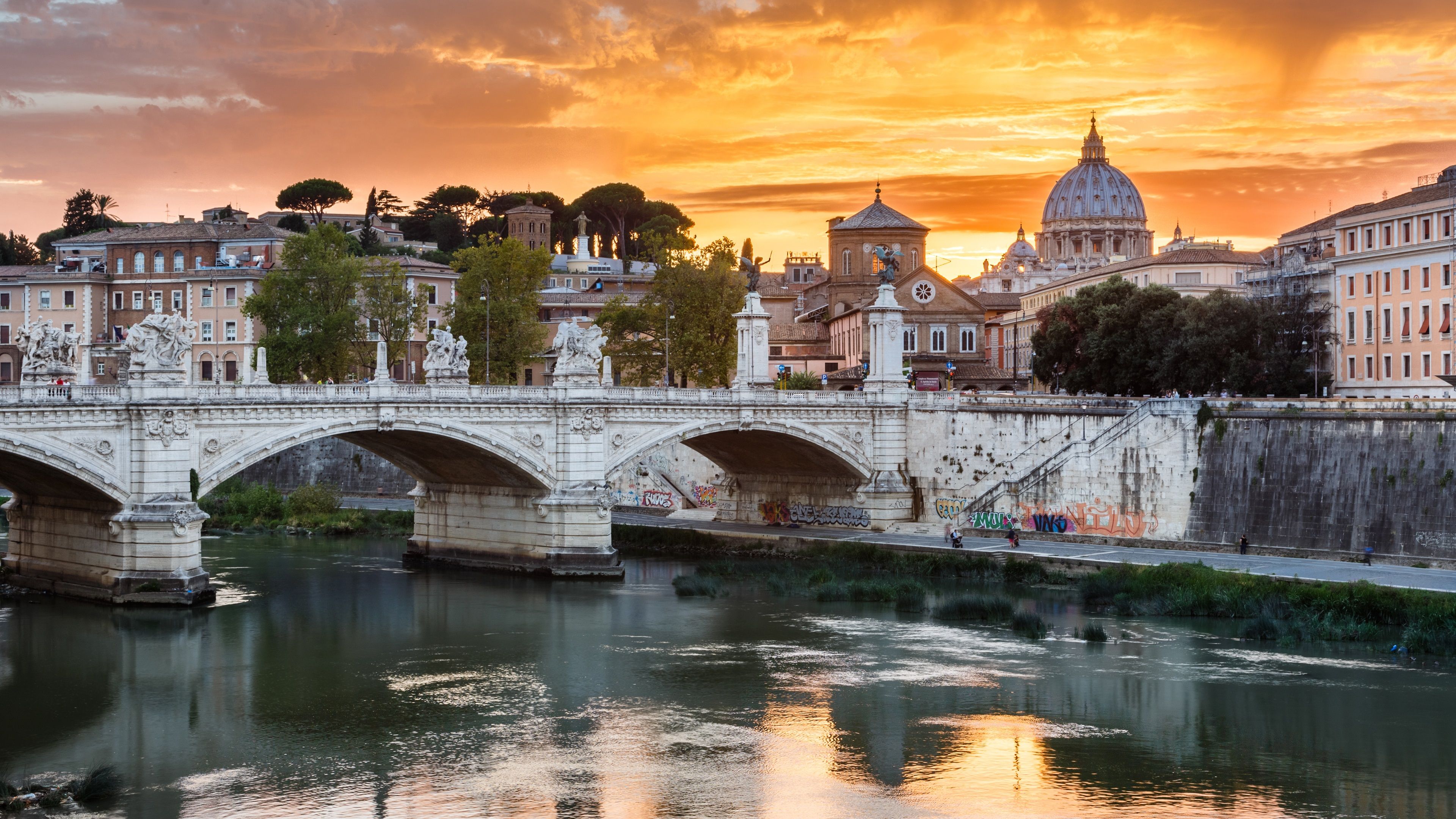 Wallpaper Roma, bridge, river, city, sunset 3840x2160 UHD 4K Picture, Image