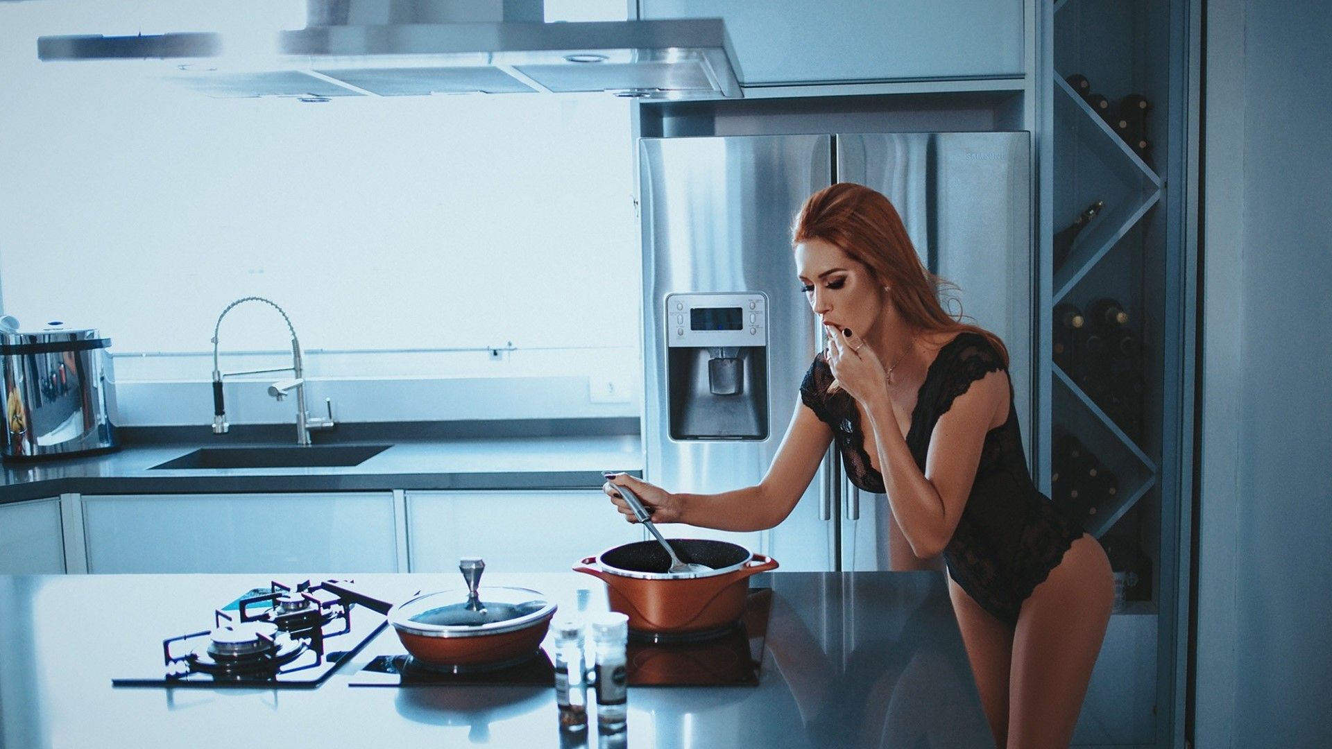 Wallpaper, kitchen, bodysuit, room, women, model, cooking 1920x1080