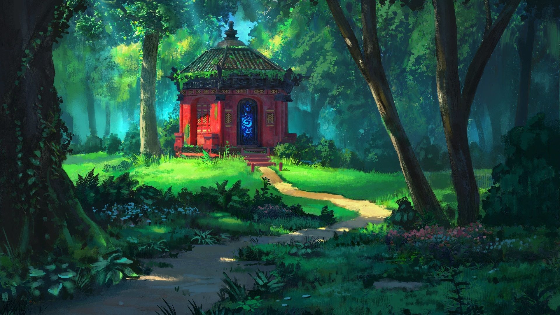 Wallpaper Forest, trees, temple, grass, summer, art painting 1920x1200 HD Picture, Image