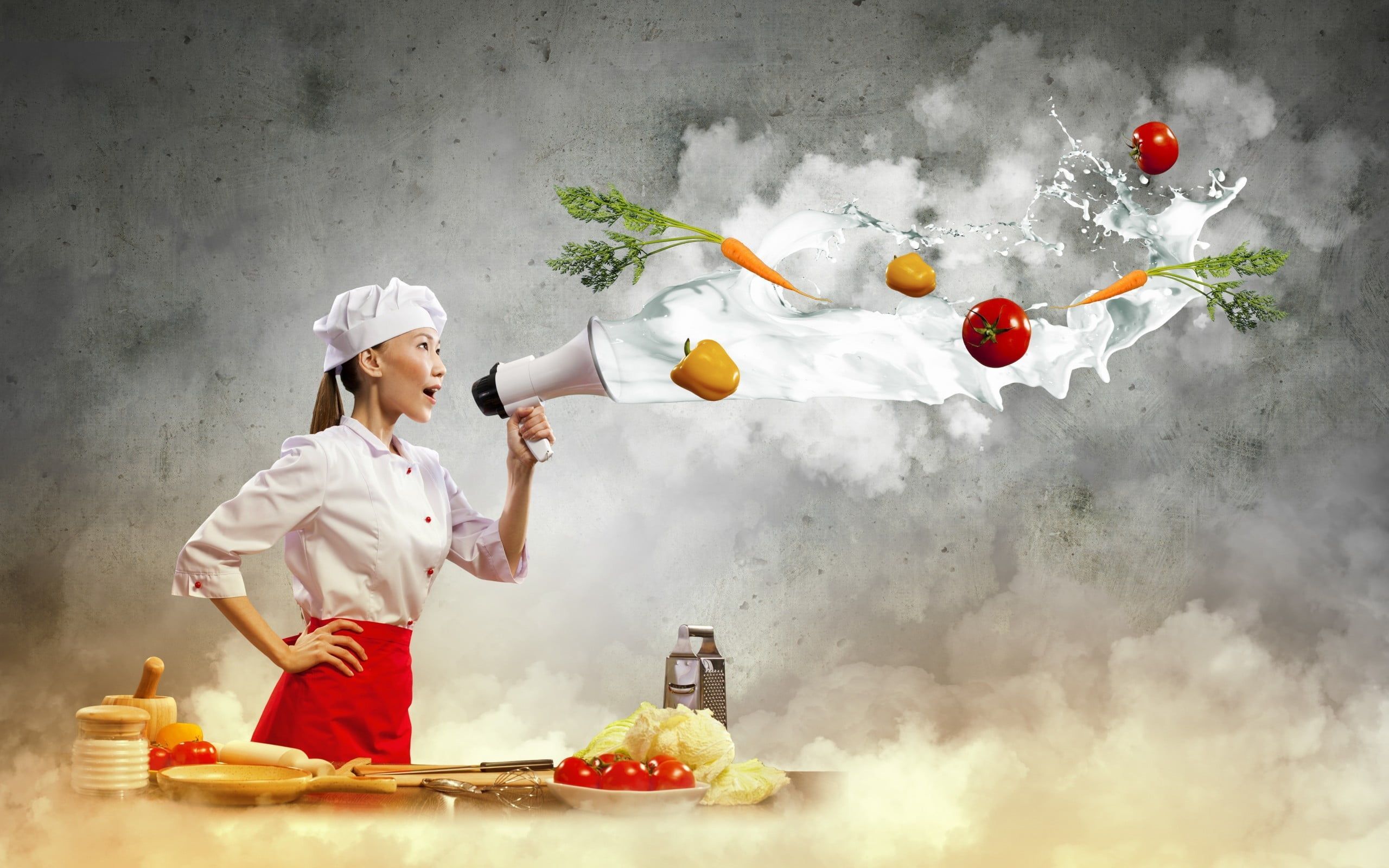 white dress shirt #women #model #brunette #Asian long hair #cook #kitchen #hat #skirt #vegetables #tomatoe. Cookbooks for beginners, Asian wallpaper, Girl cooking