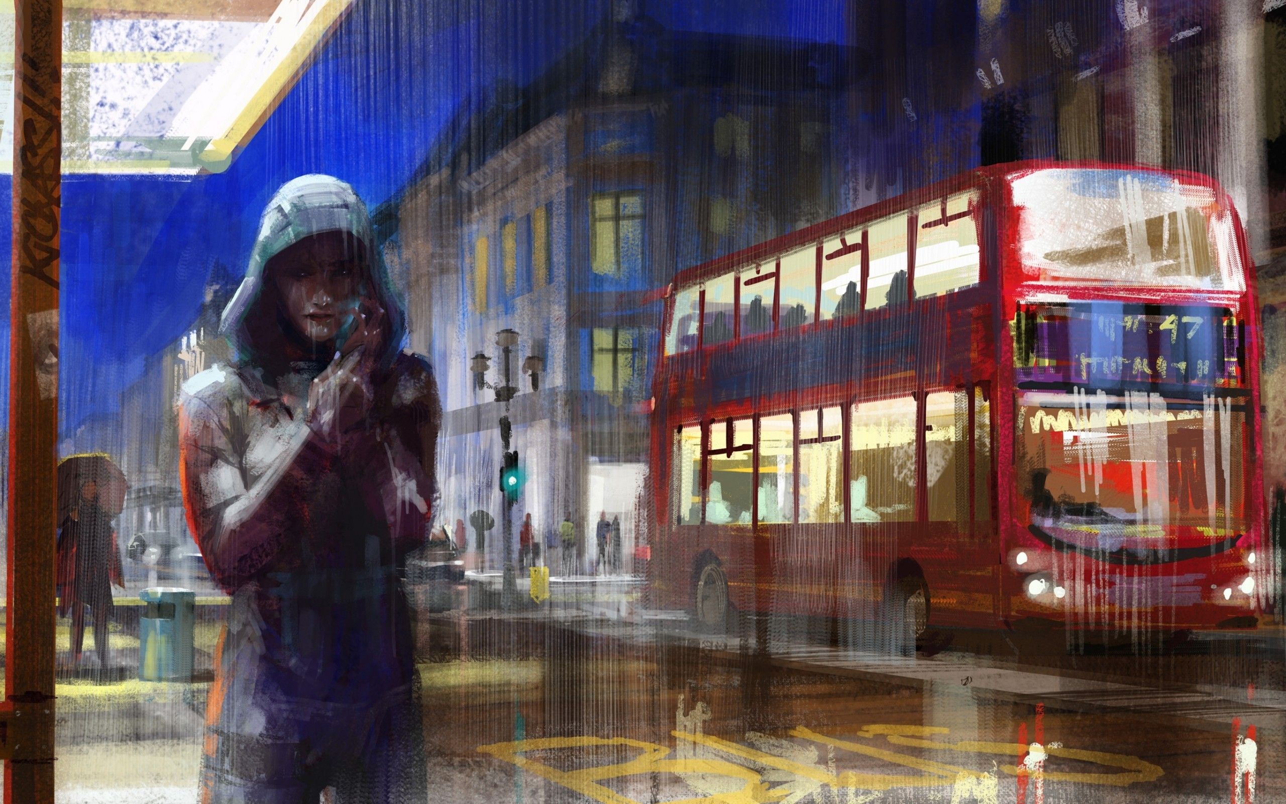 Download 2560x1600 London, Artistic, Raining, Bus, Hoodie, City Wallpaper for MacBook Pro 13 inch