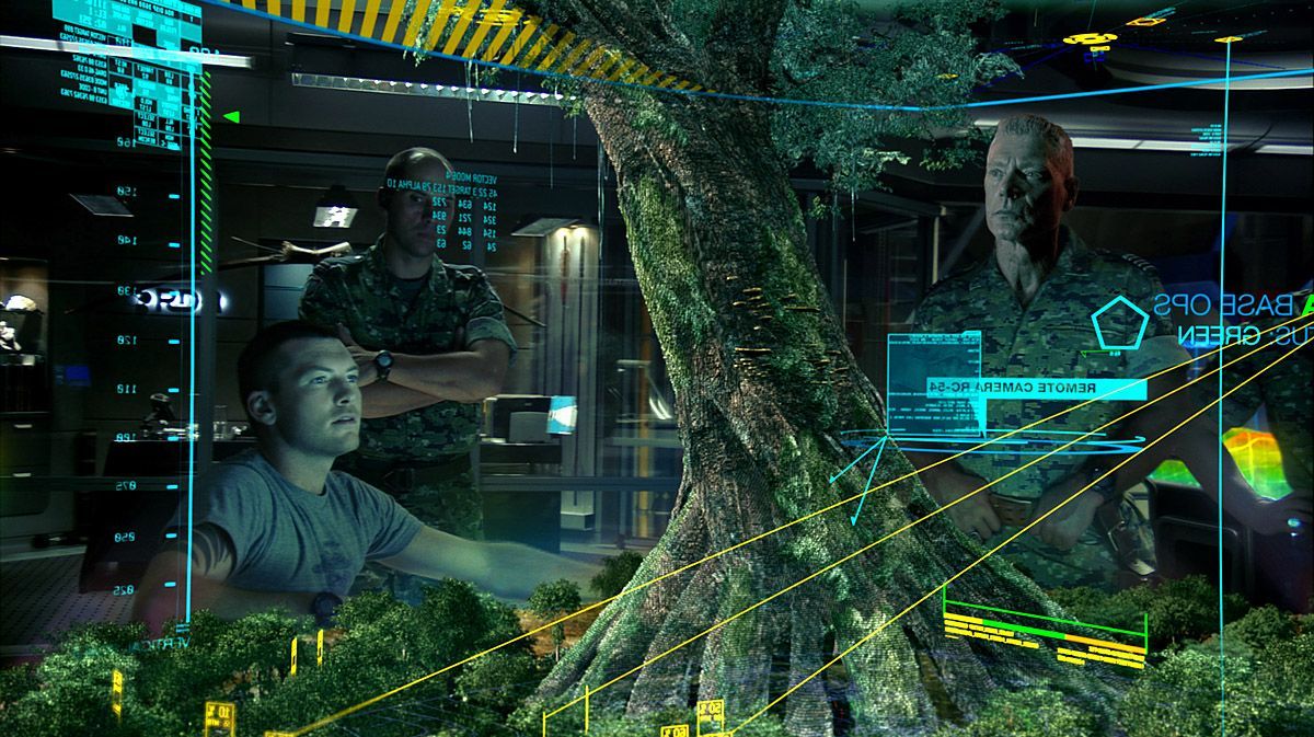 Colonel Miles Quaritch and Jake sully discuss the architecture of the Na'vi Hometree with the use of a holographic projection. Avatar movie, Avatar, Avatar films