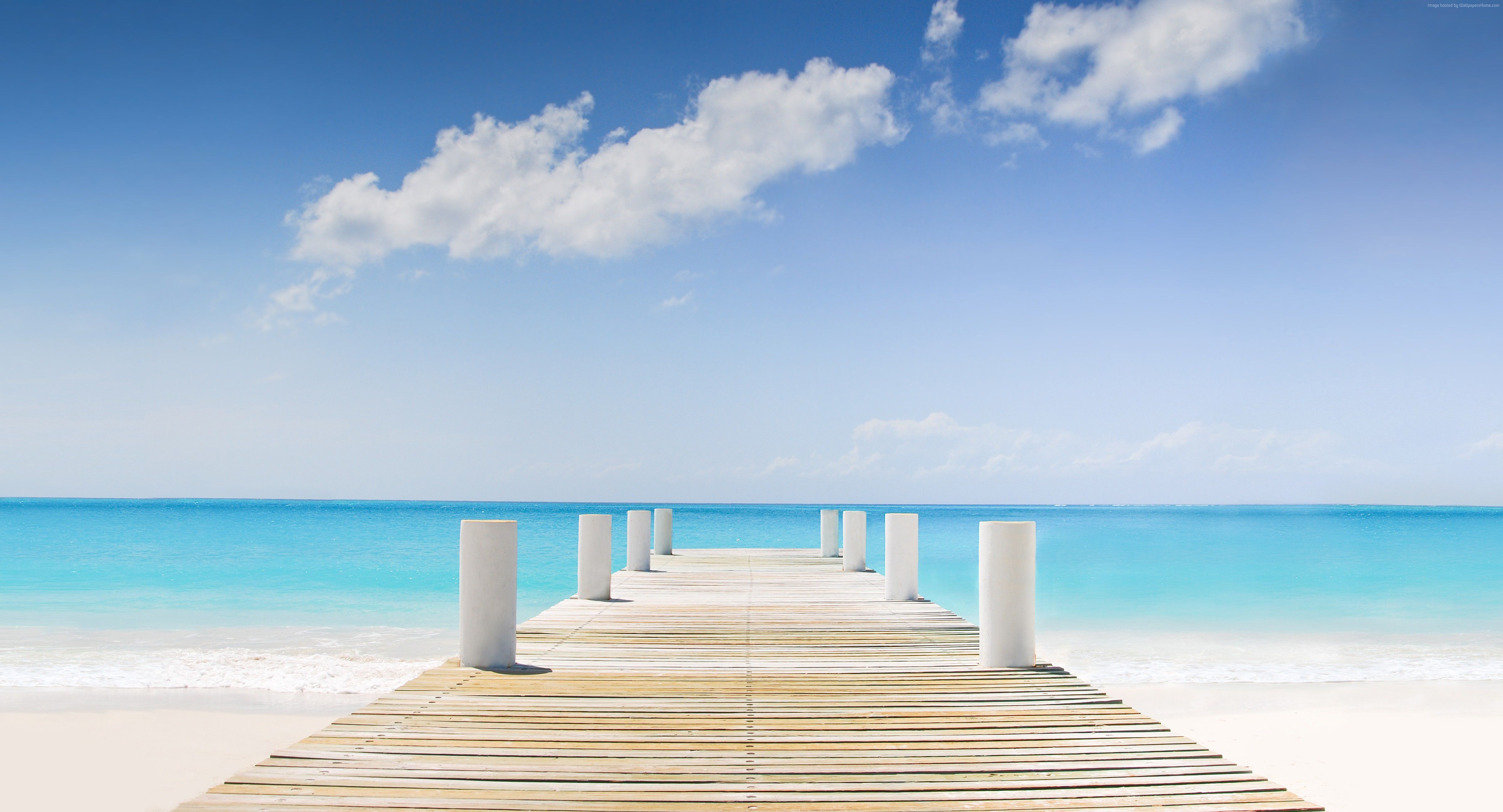 Bridge Wooden Ocean Blue Sky Clouds 4K Wallpaper