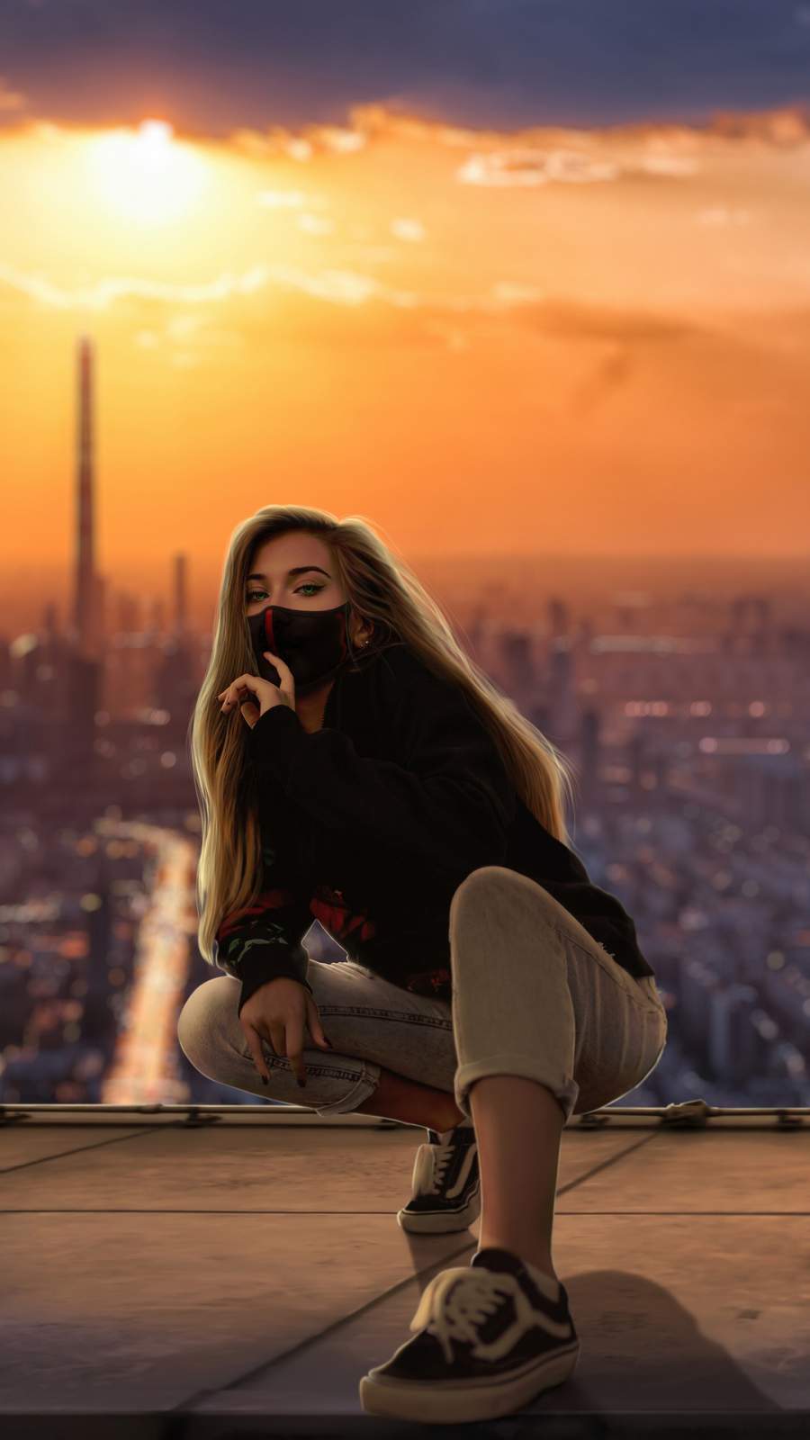 Girl Mask City Outdoor Wallpaper, iPhone Wallpaper