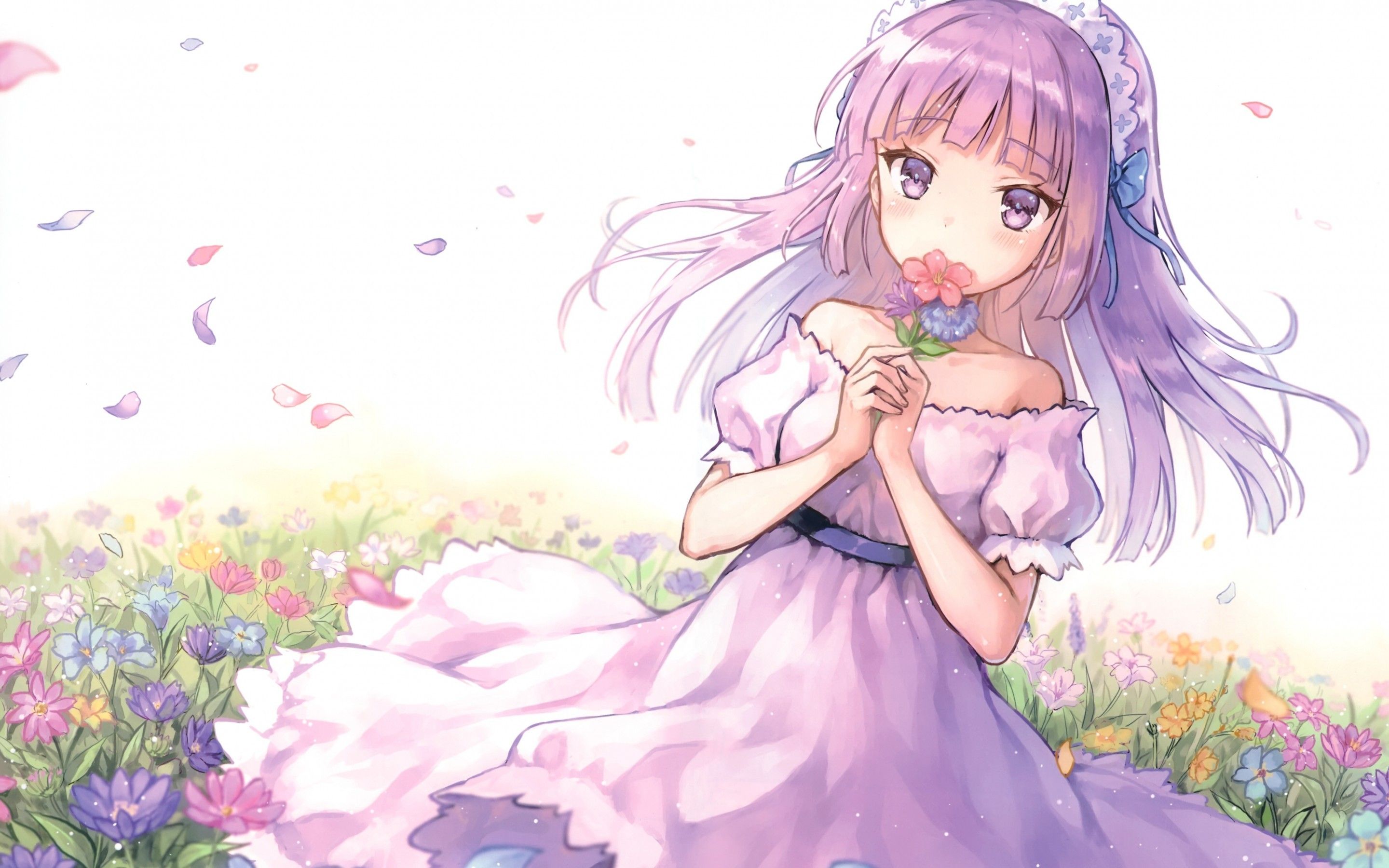 Download 2880x1800 Anime Girl, Headband, Dress, Flowers, Petals, Ribbon Wallpaper for MacBook Pro 15 inch