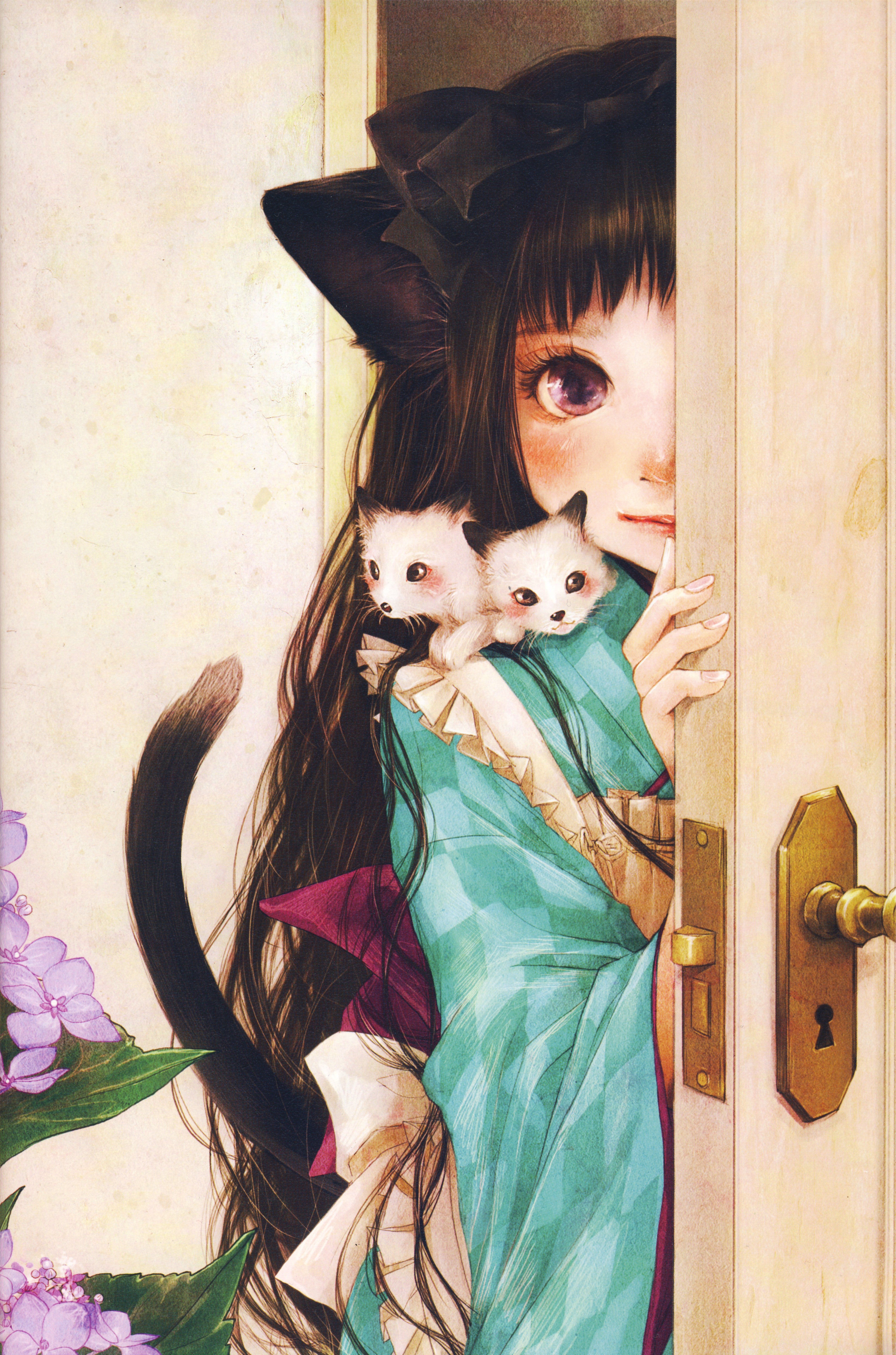 anime, Flower, Girl, Artwork, Beautiful, Long, Hair, Animal, Cats, Cute Wallpaper HD / Desktop and Mobile Background