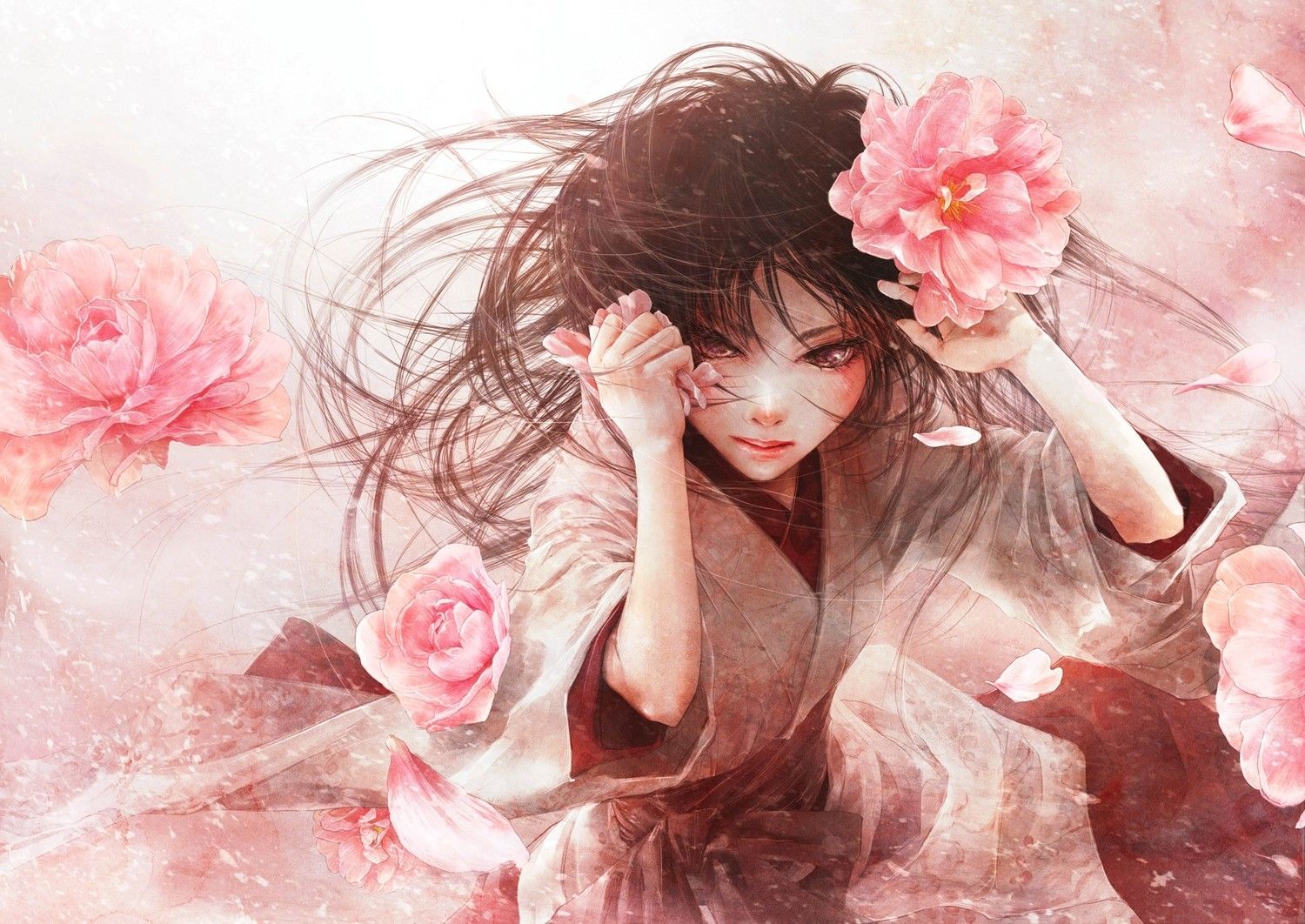 Wallpaper, anime girls, pink, spring, romance, flower, beauty, woman, lady, petal, costume 1500x1062