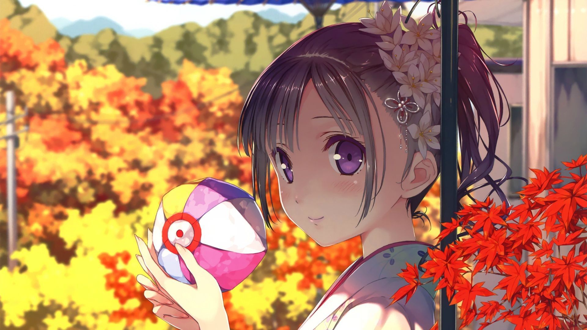 Wallpaper, leaves, anime, kimono, ball, flower, girl, kawaii, screenshot 1920x1080