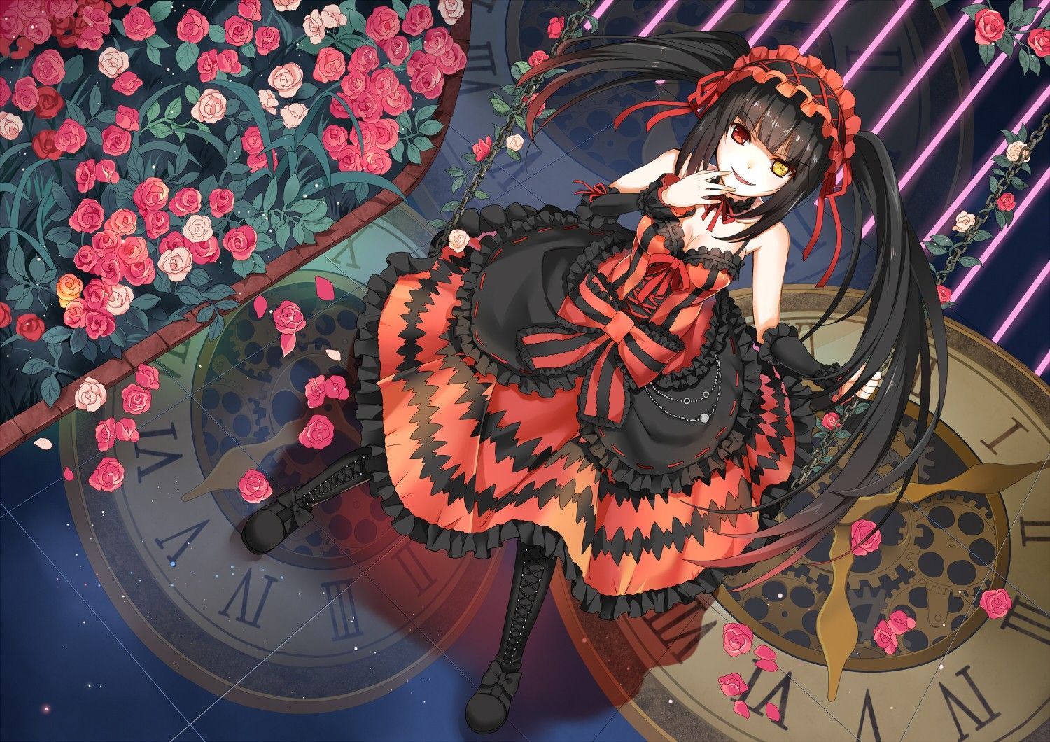 Wallpaper, illustration, flowers, anime, Date A Live, dress, Tokisaki Kurumi, flower, girl 1500x1060