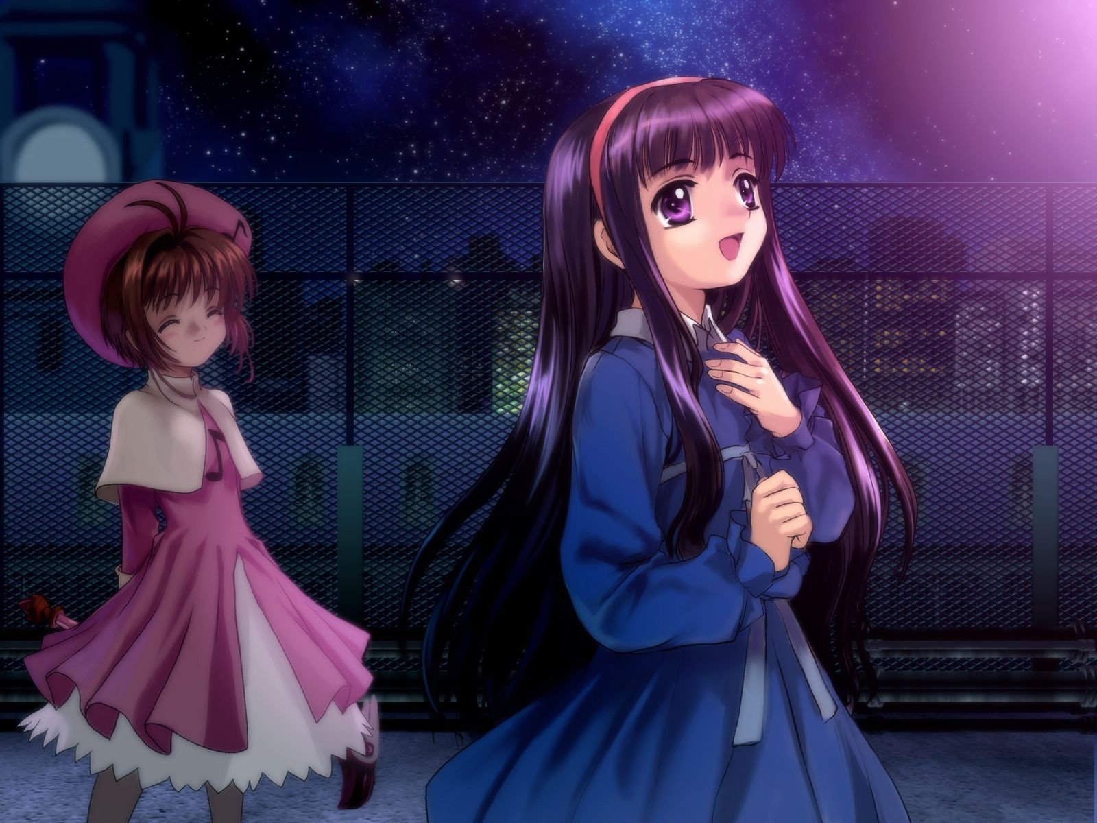 Wallpaper, night, anime, Card Captor Sakura, Kinomoto Sakura, walking, Moonknives, Daidouji Tomoyo, girl, costume, screenshot, mutsuki 1600x1200