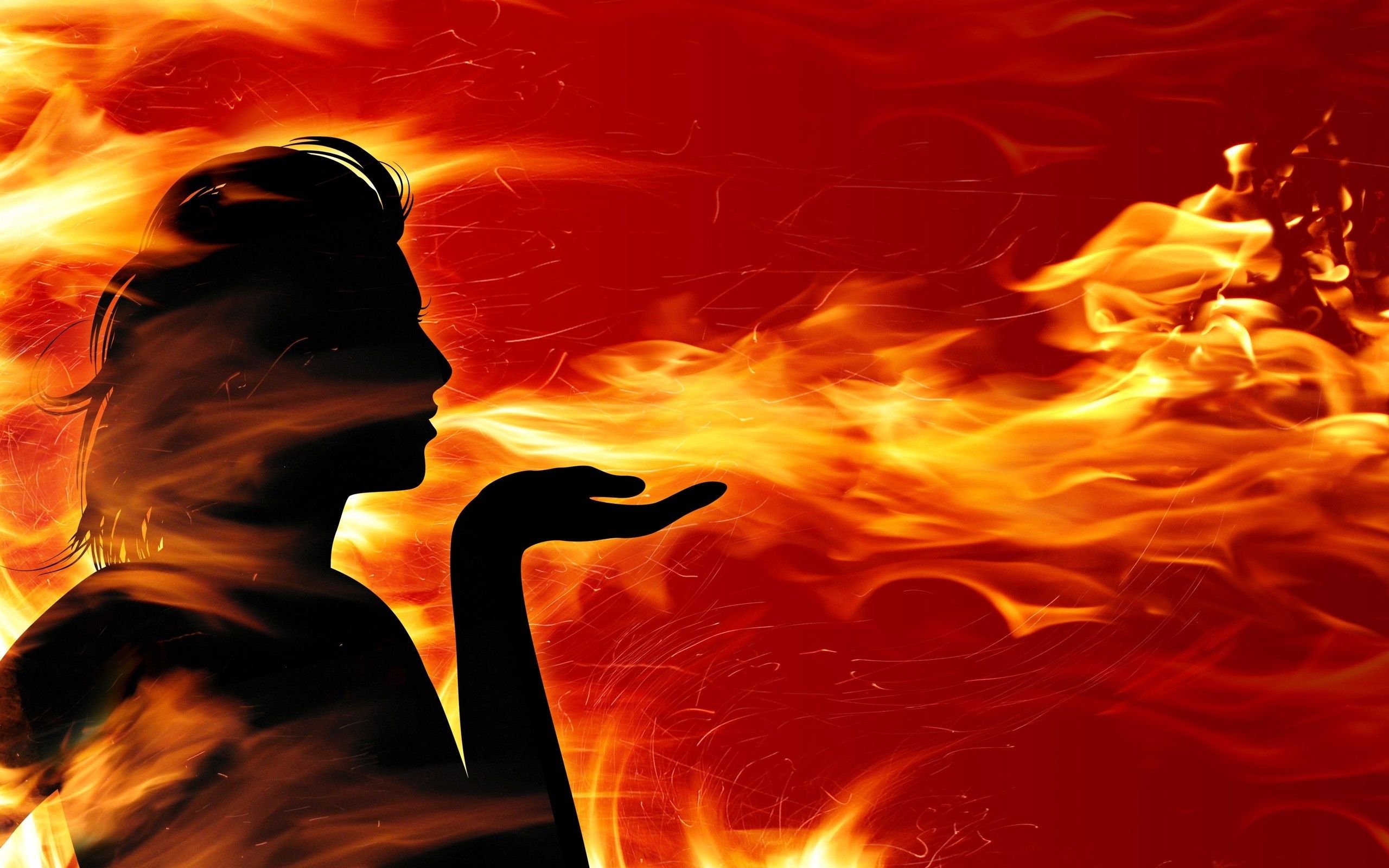 Wallpaper, girl, fire, flame, hand, red 2560x1600