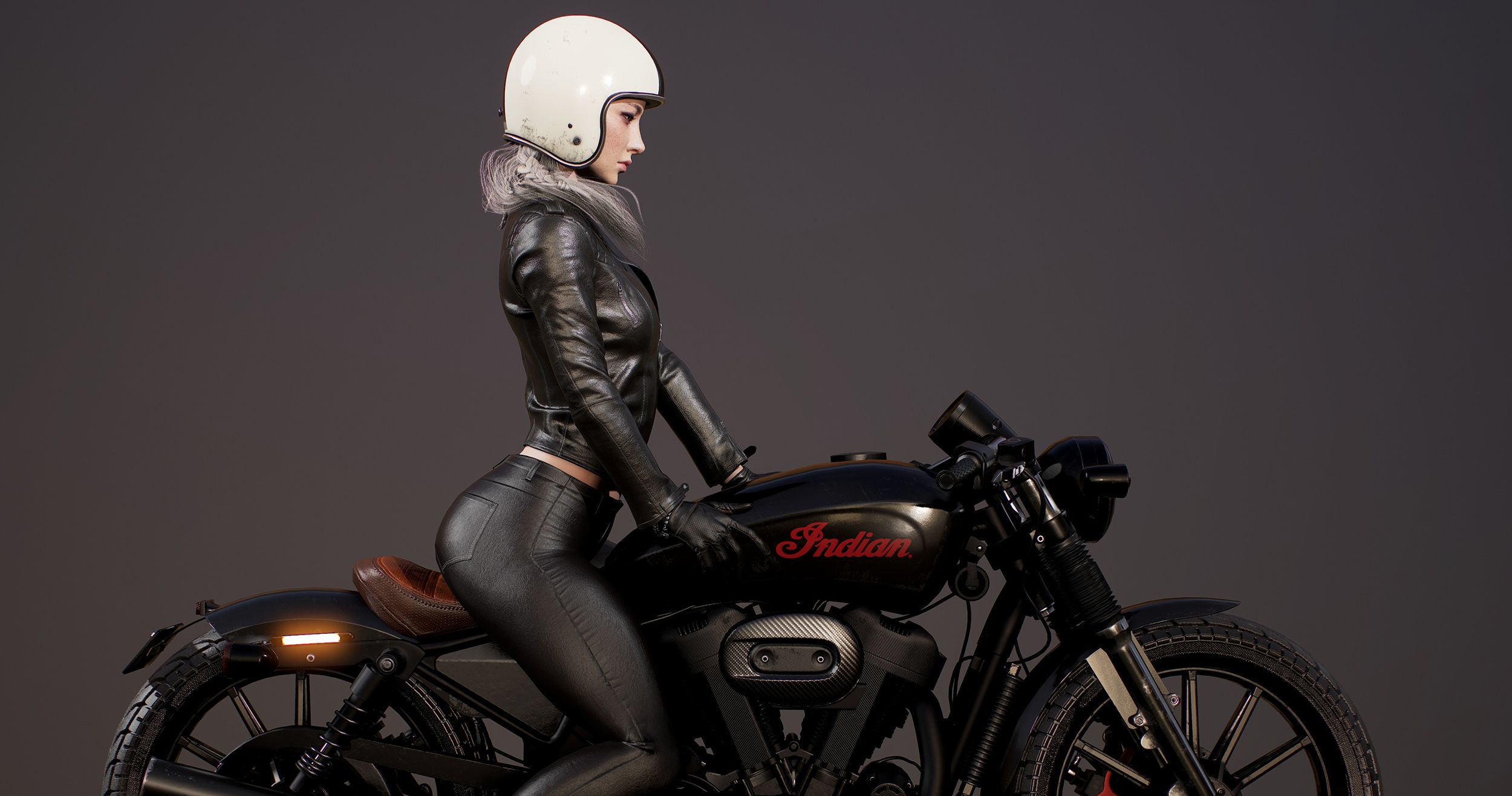Wallpaper, Seungmin Kim, 3D, CGI, digital art, render, women, bikes, biker, jacket, helmet 2500x1316