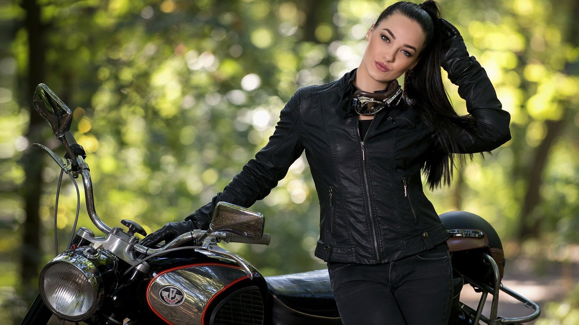 Beautiful Girl Model Pannonia Ponytail With Black Hair And Black Leather Jacket Is Standing Near Motorcycle HD Pannonia Ponytail Wallpaper