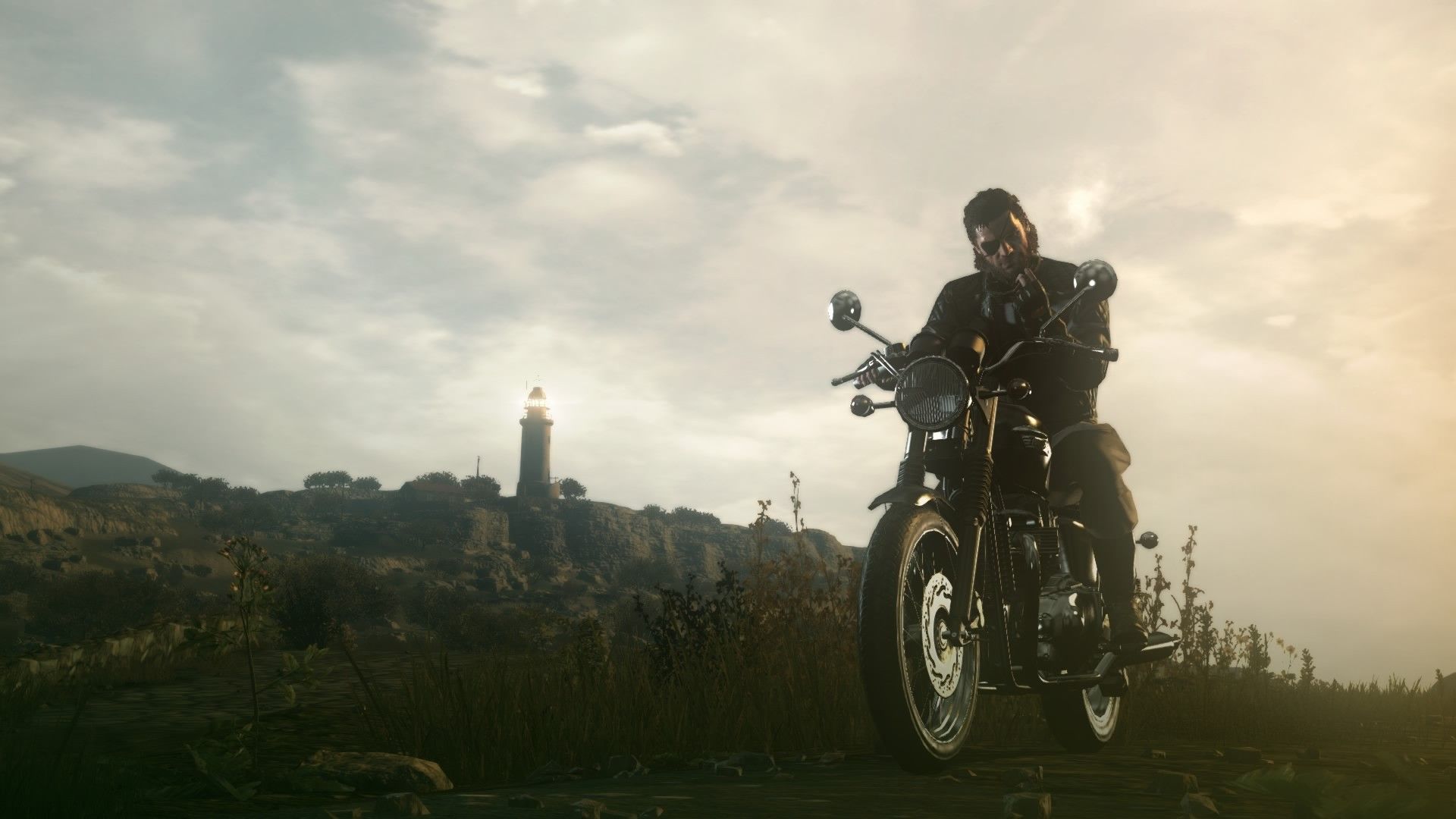 Wallpaper, hill, bicycle, motorcycle, vehicle, evening, morning, Metal Gear Solid, Metal Gear Solid V The Phantom Pain, Big Boss, screenshot, atmospheric phenomenon, atmosphere of earth, mountain bike, extreme sport 1920x1080