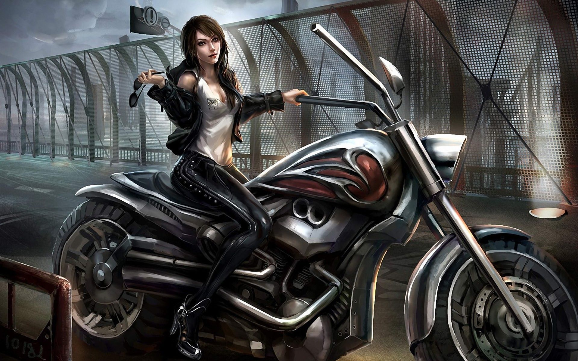 women, fences, sunglasses, leather jacket, motorbikes wallpaper
