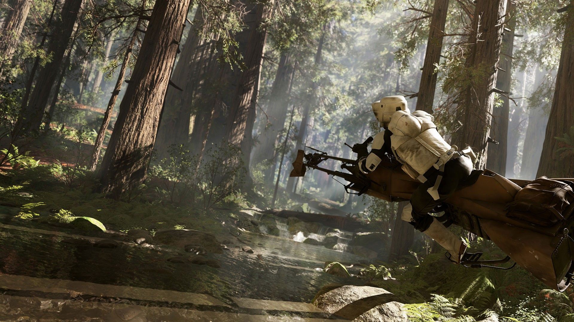 Wallpaper, forest, Star Wars, speeder bike, jungle, mythology, scout trooper, Star Wars Battlefront, EA Games, Endor, games, screenshot, habitat, natural environment, pc game 1920x1080