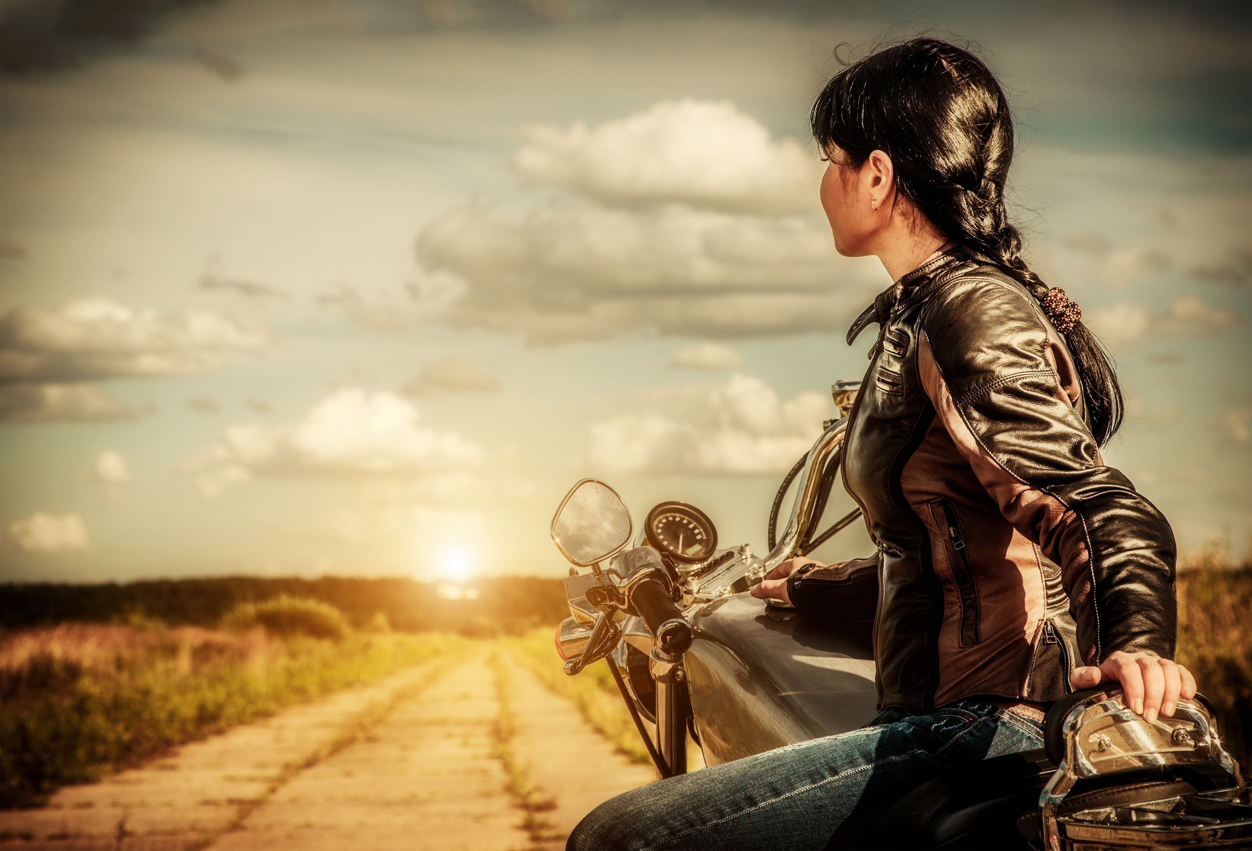 Download wallpaper the bike, motorcycle, road, the leather jacket, jacket, field, brunette, nature, girl, the sun for desktop with resolution 4000x2717. High Quality HD picture wallpaper