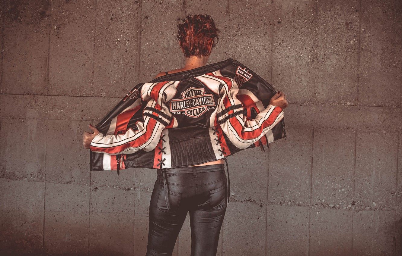 Wallpaper Girl, Background, Back, Harley Davidson, Leather Jacket Image For Desktop, Section стиль
