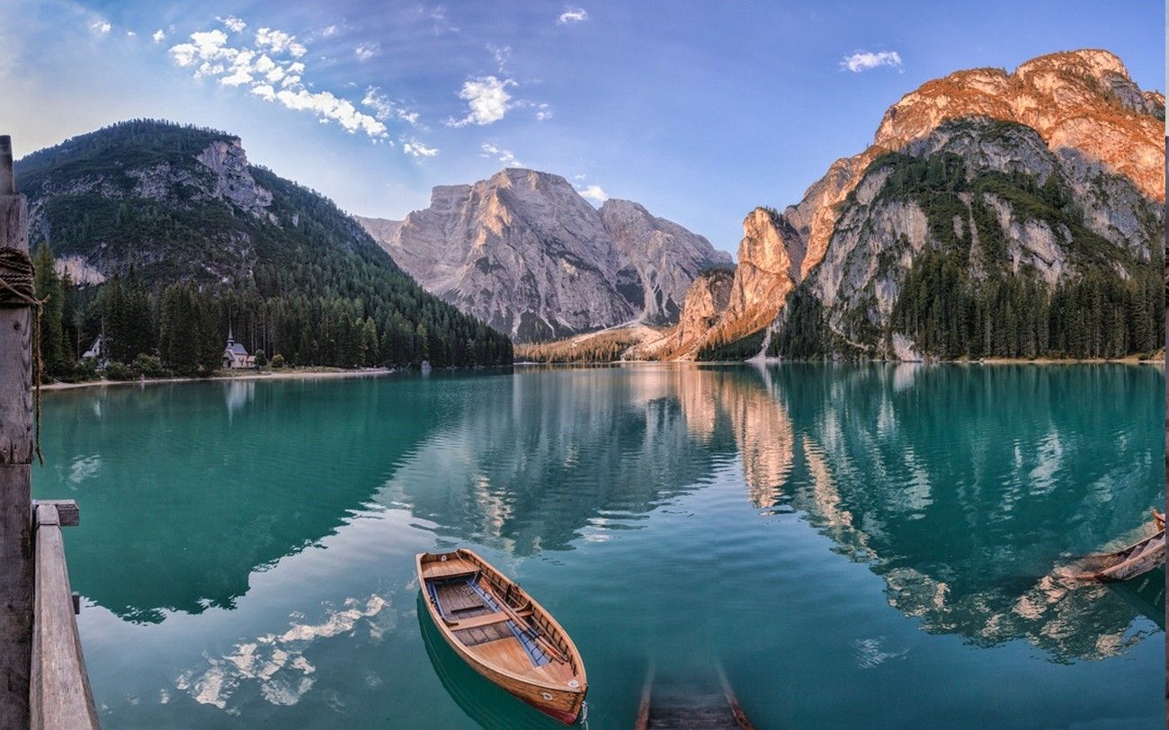 nature landscape summer lake forest mountain church boat morning italy reflection turquoise water wallpaper