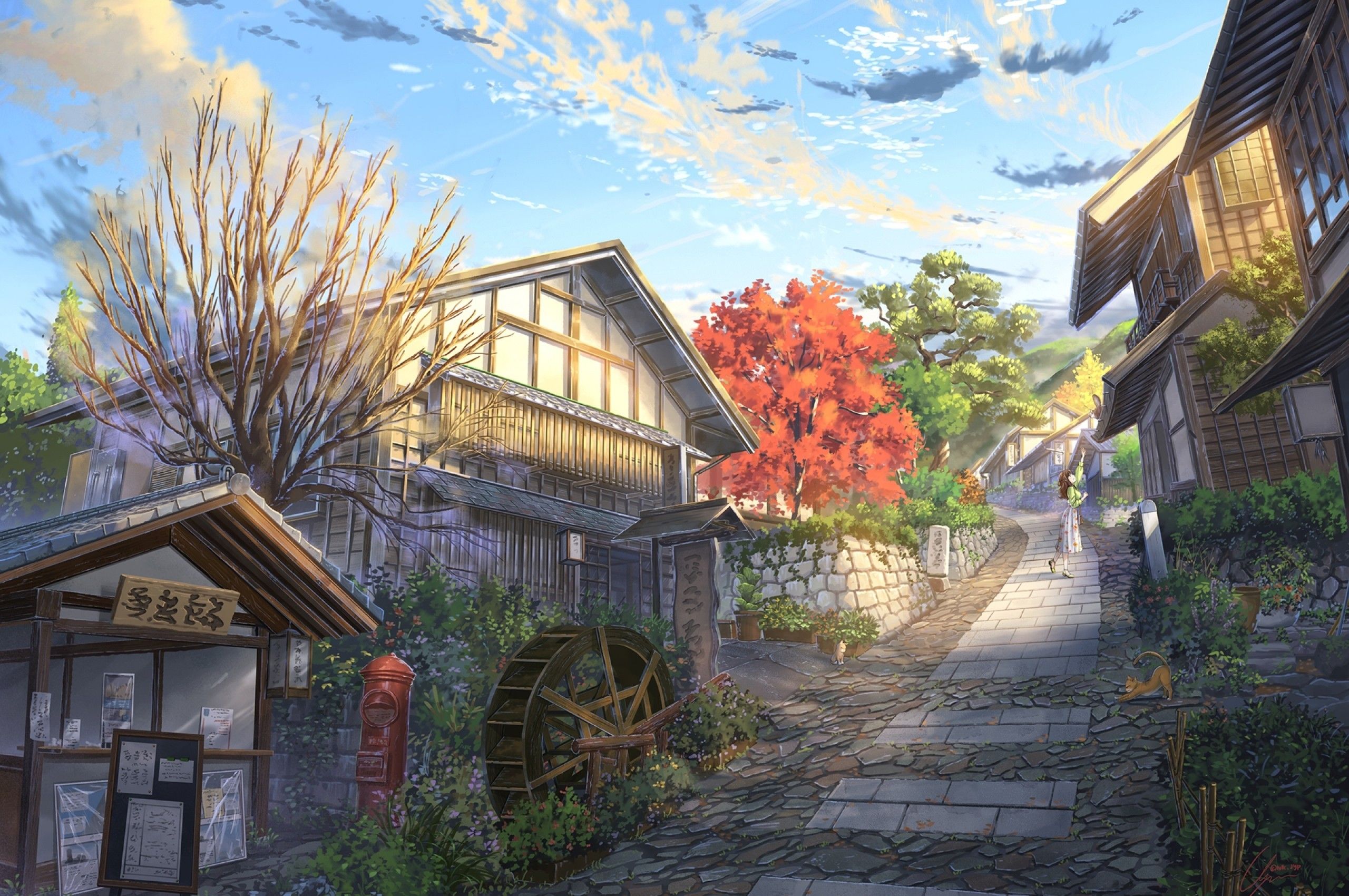 Download 2560x1700 Buildings, Village, Anime Landscape, Scenic, Clouds, Clouds, Summer, Cat Wallpaper for Chromebook Pixel