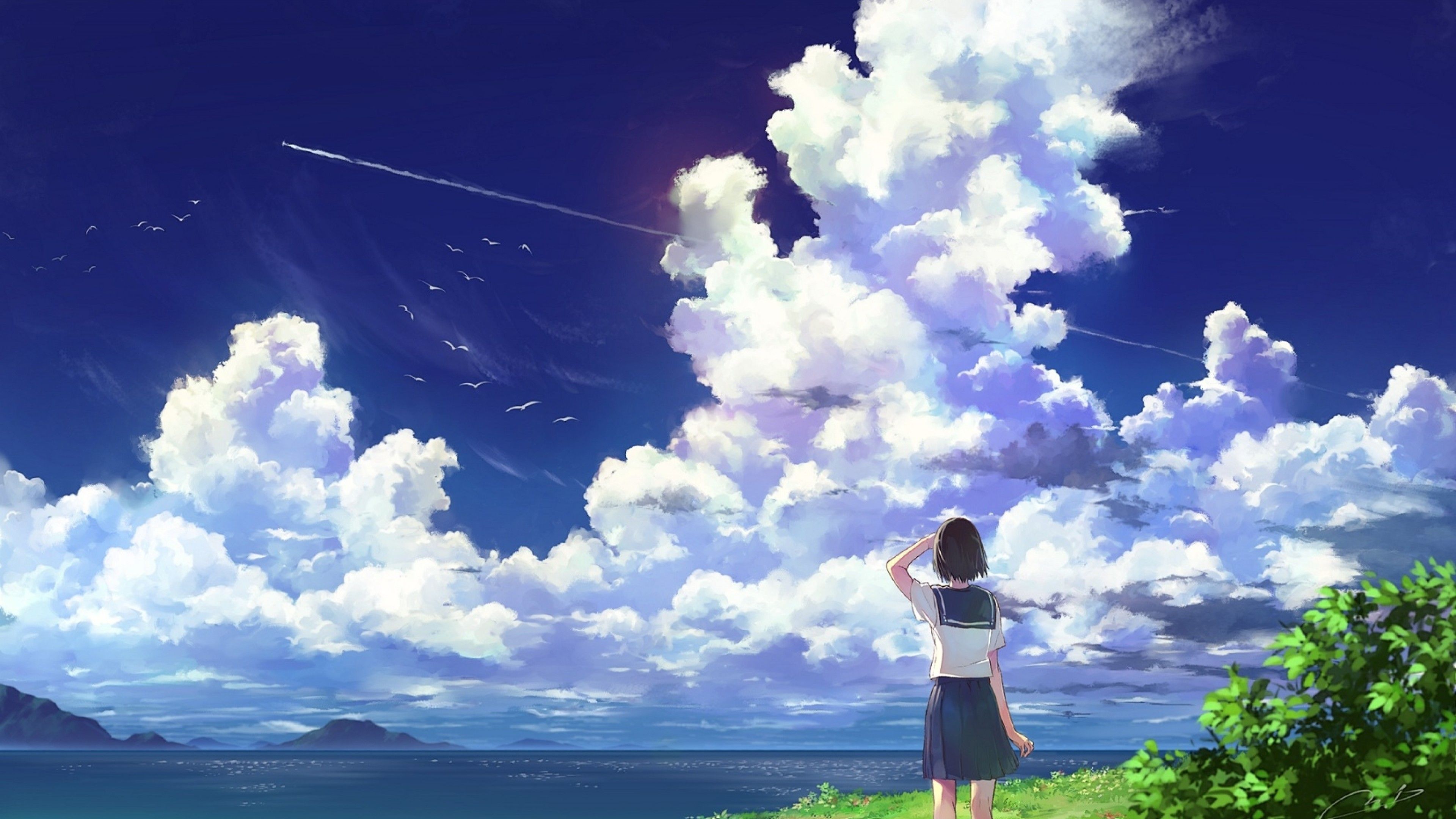 Download 3840x2160 Anime School Girl, Anime Landscape, Clouds, Scenic, Summer Wallpaper for UHD TV