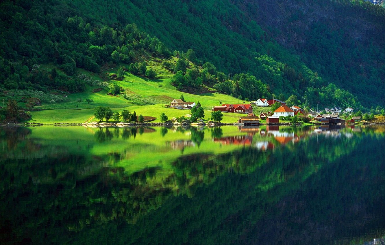 Wallpaper greens, forest, summer, lake, reflection, home, Nature, village image for desktop, section пейзажи