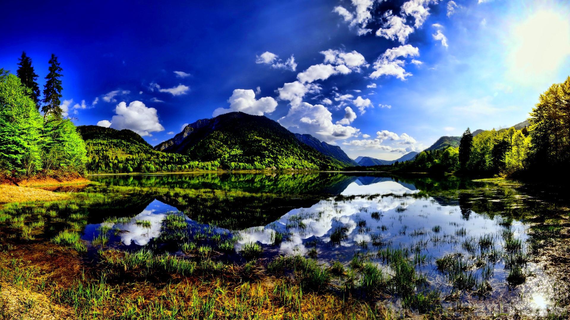 Summer Landscape Mountain Lake Pine Forest, Sky With White Clouds Reflection In The Water Wallpaper HD For Desktop Full Screen 1920x1080, Wallpaper13.com