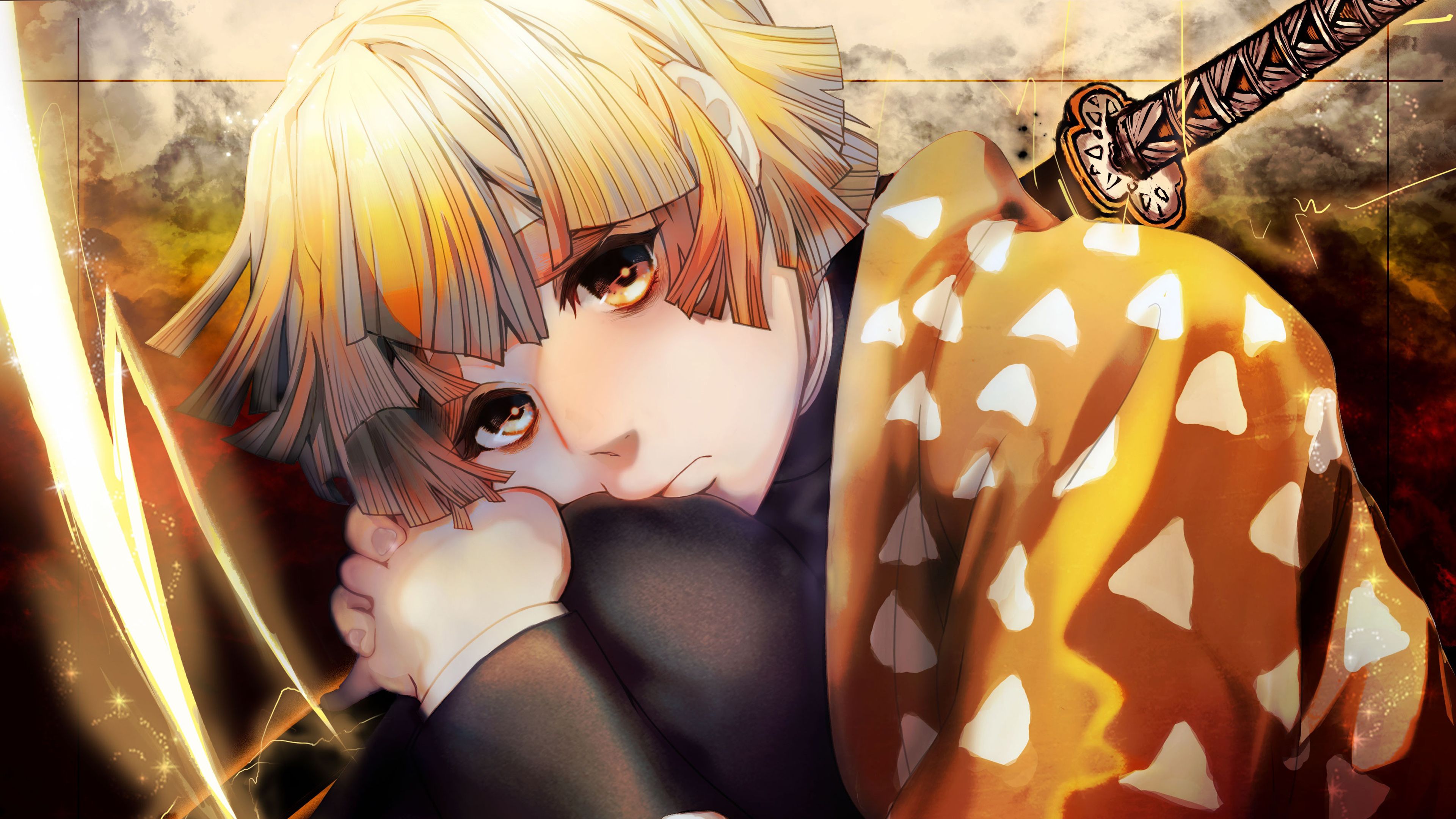 Demon Slayer Zenitsu Agatsuma Wearing Yellow Dress Sitting Sad 4K HD Anime Wallpaper
