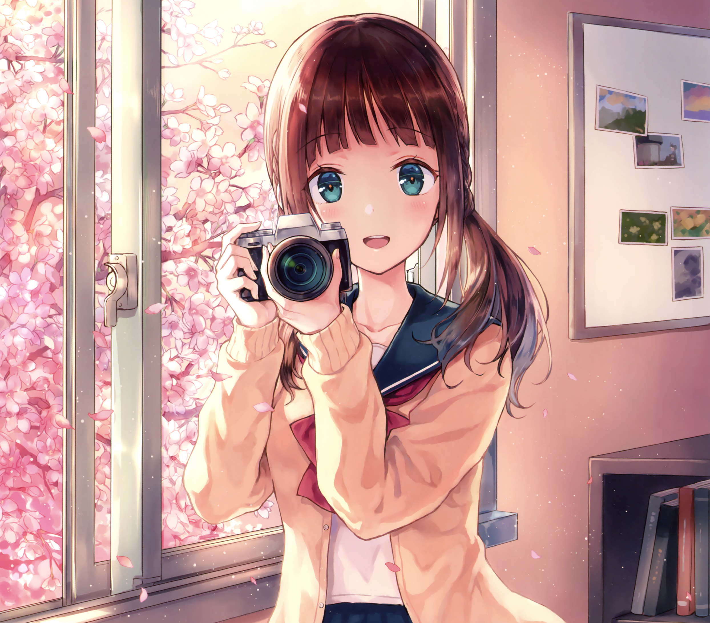 Wallpaper, anime girls, original characters, brunette, twintails, camera, green eyes, cherry blossom, school uniform, smiling, artwork 2488x2184