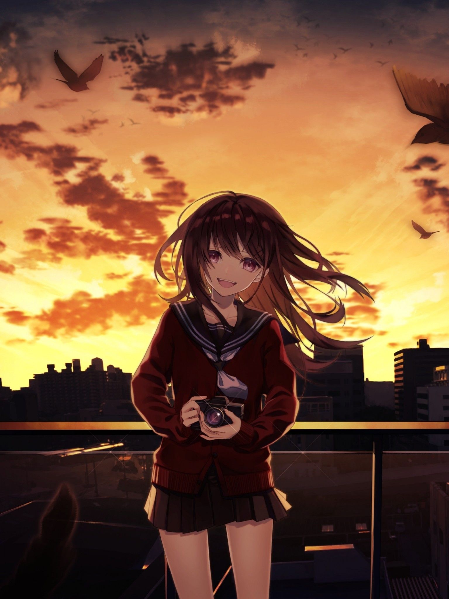 Download 1536x2048 Anime Girl, Smiling, Sunset, Crows, Camera, Buildings, Clouds Wallpaper for Apple iPad Mini, Apple IPad 4