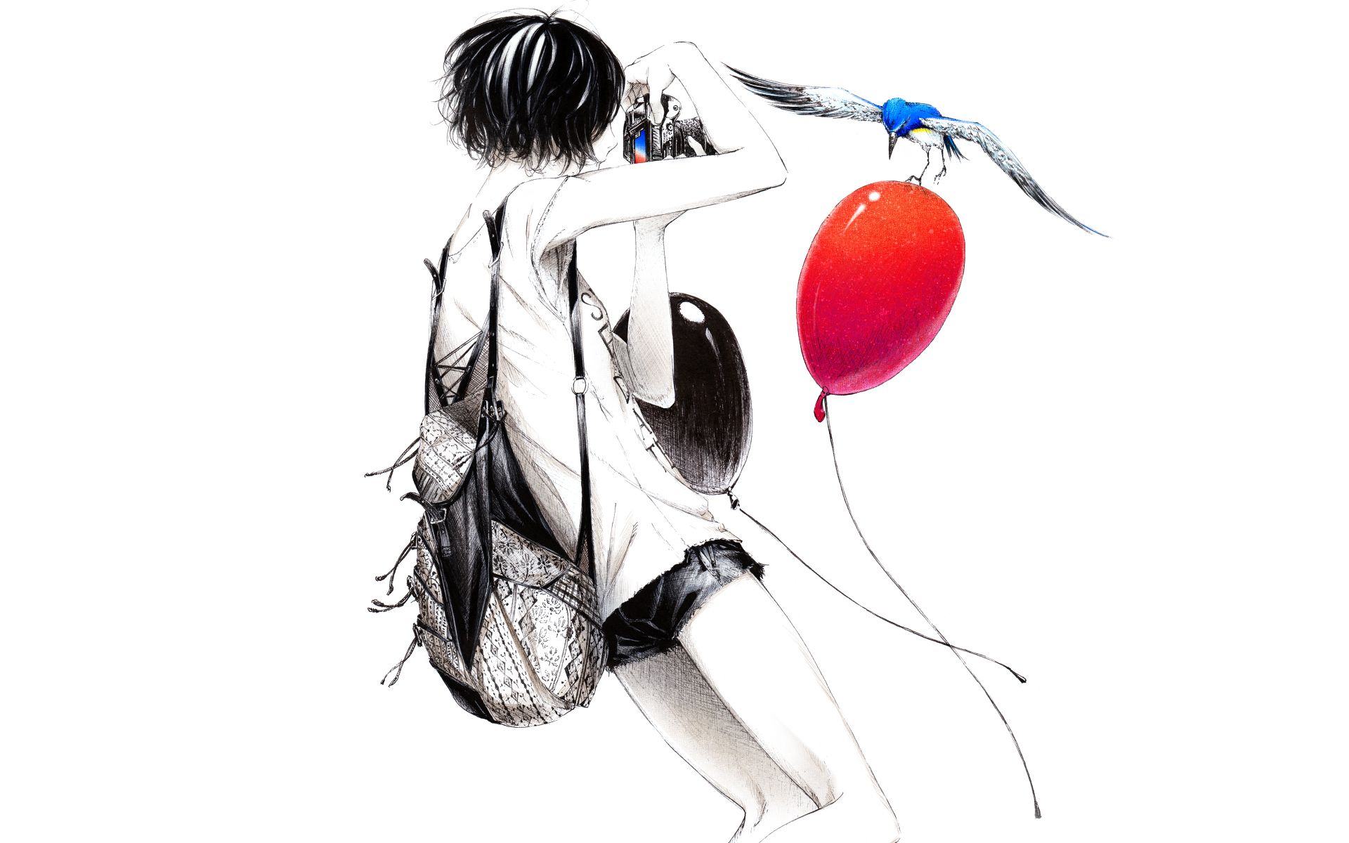 Sawasawa anime photography original Camera women females girls balloons birds animals situations wallpaperx1200