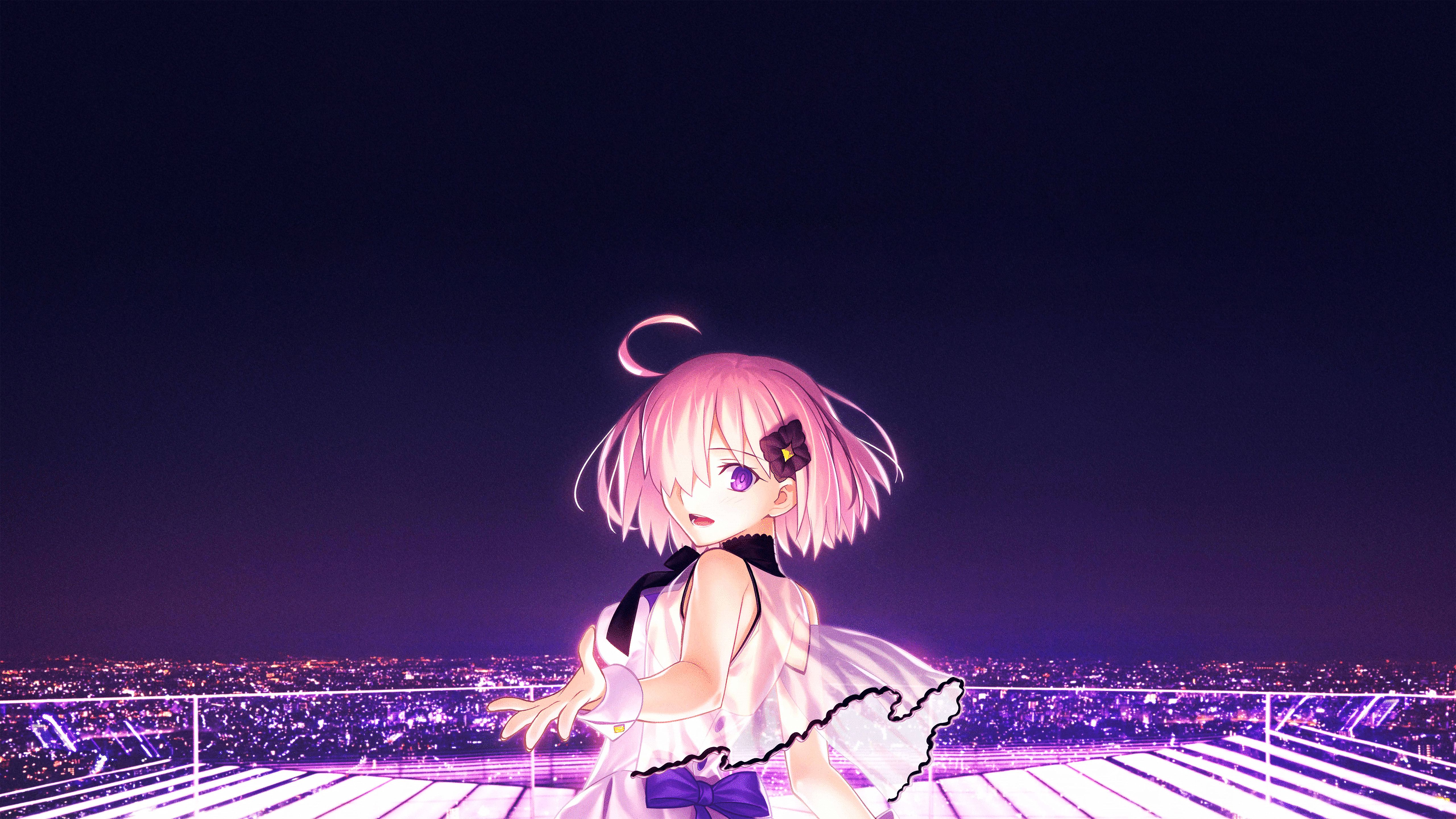 Wallpaper, purple eyes, city lights, pink hair, anime girls 5120x2880