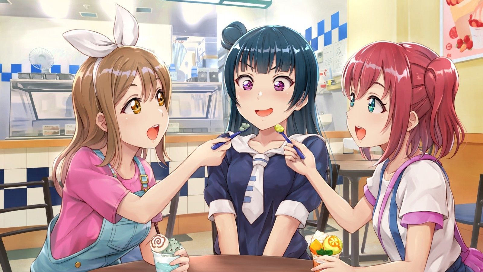 Download 1600x900 Love Live Sunshine, Kurosawa Ruby, Kunikida Hanamaru, Tsushima Yoshiko, Cafe, Dessert Wallpaper