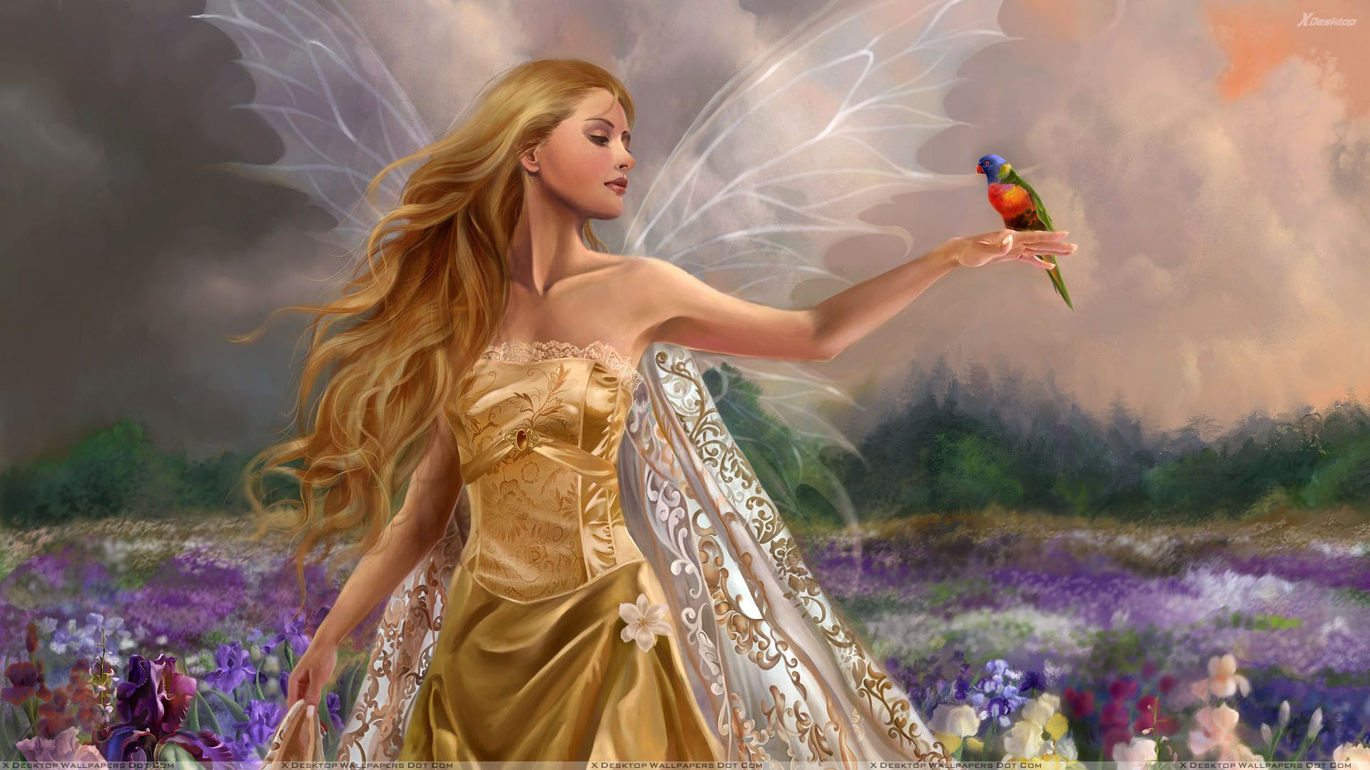 3D Girl In Golden Long Dress And Bird On Hand In Garden Wallpaper