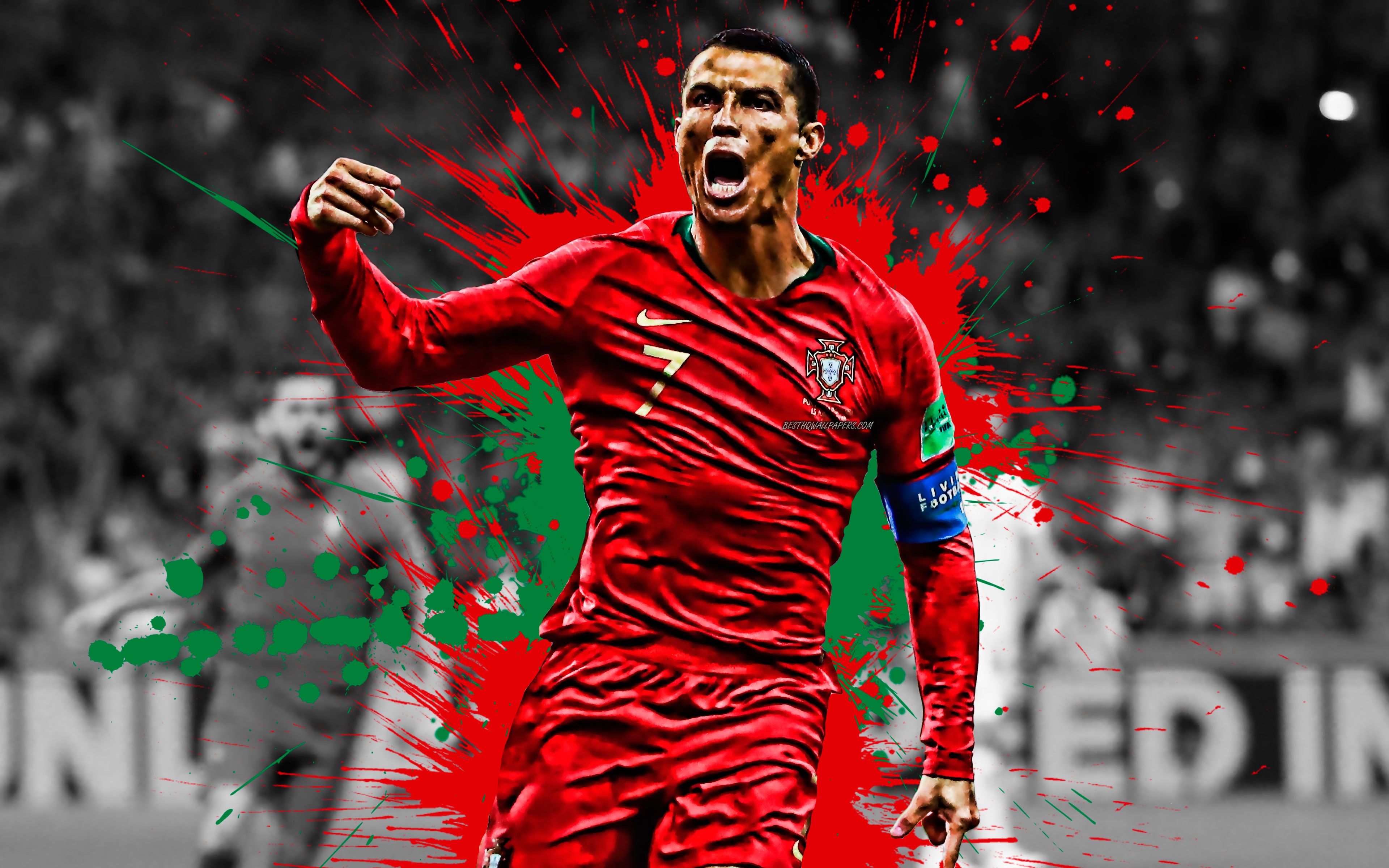 Download wallpaper Cristiano Ronaldo, CR Portugal national football team, world football star, goal, Portuguese football player, football, Portugal colors, Ronaldo for desktop with resolution 3840x2400. High Quality HD picture wallpaper