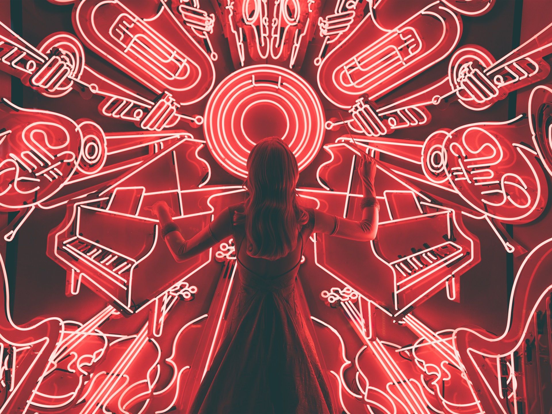 Wallpaper Girl back view, musical instruments neon lights 3840x2160 UHD 4K Picture, Image