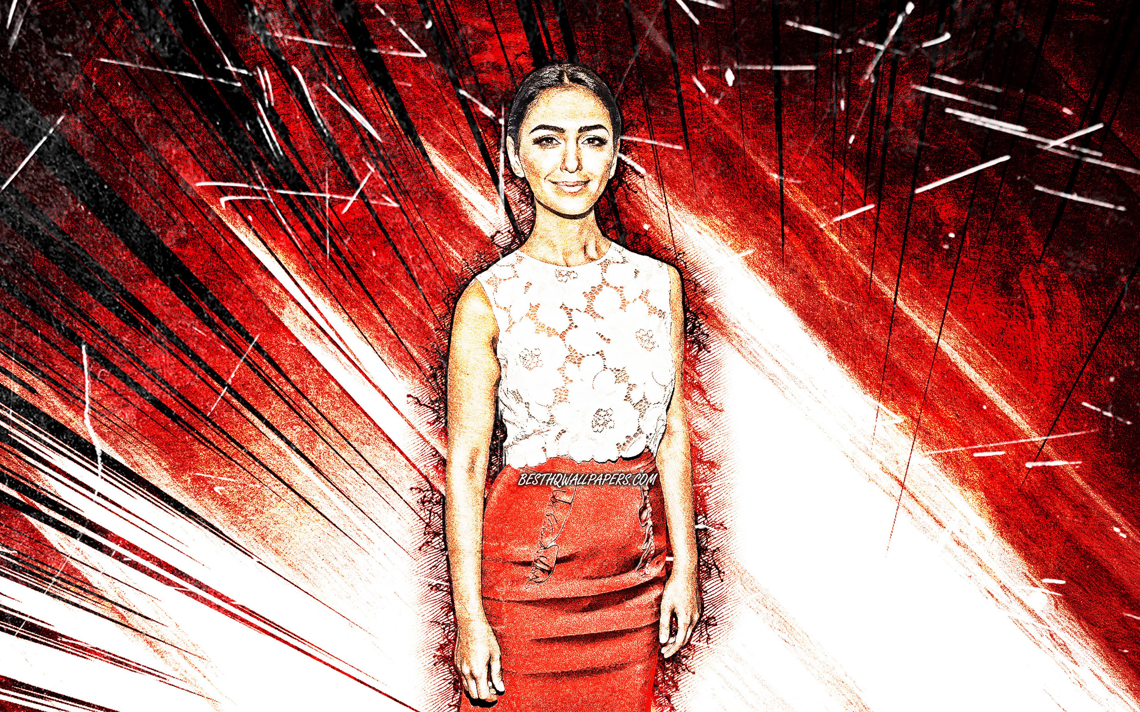 Download wallpaper 4k, Nazanin Boniadi, grunge art, Hollywood, English celebrity, movie stars, red abstract rays, English actress, Nazanin Boniadi 4K for desktop with resolution 3840x2400. High Quality HD picture wallpaper