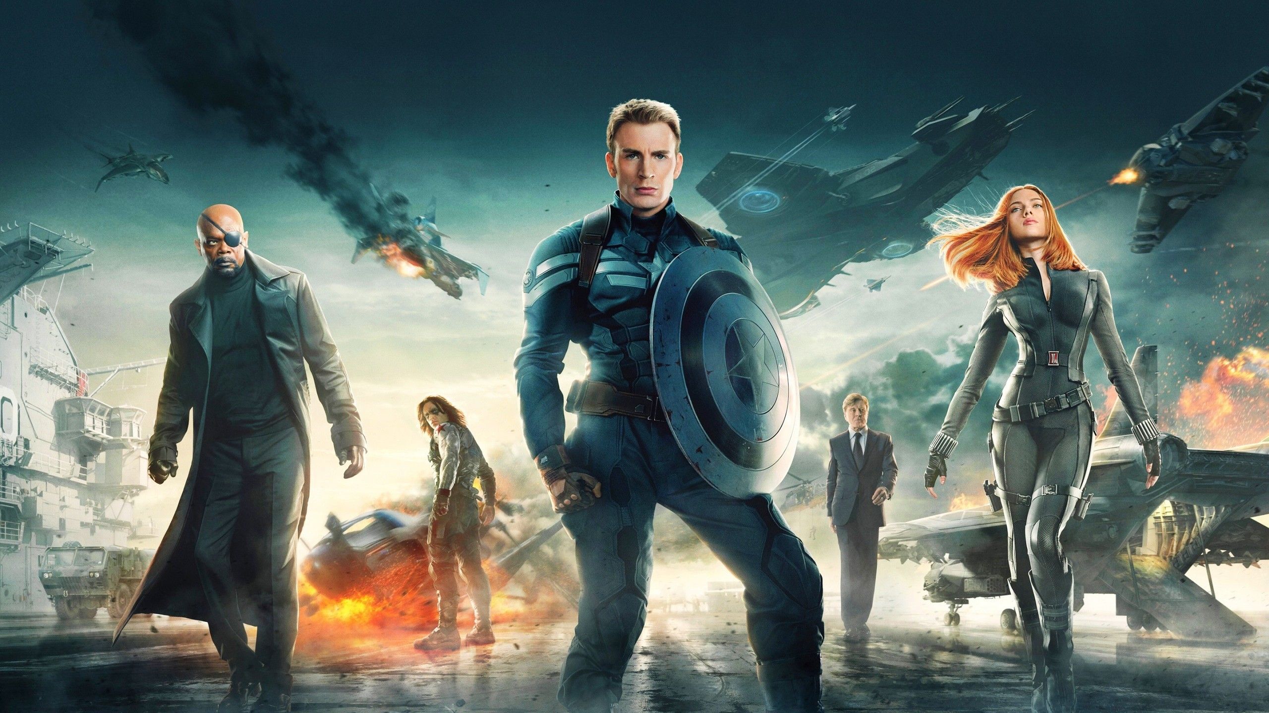 Wallpaper, Scarlett Johansson, Black Widow, Samuel L Jackson, Captain America The Winter Soldier, Nick Fury, Chris Evans, Steve Rogers, Bucky Barnes, screenshot, computer wallpaper, pc game, action film 2560x1440