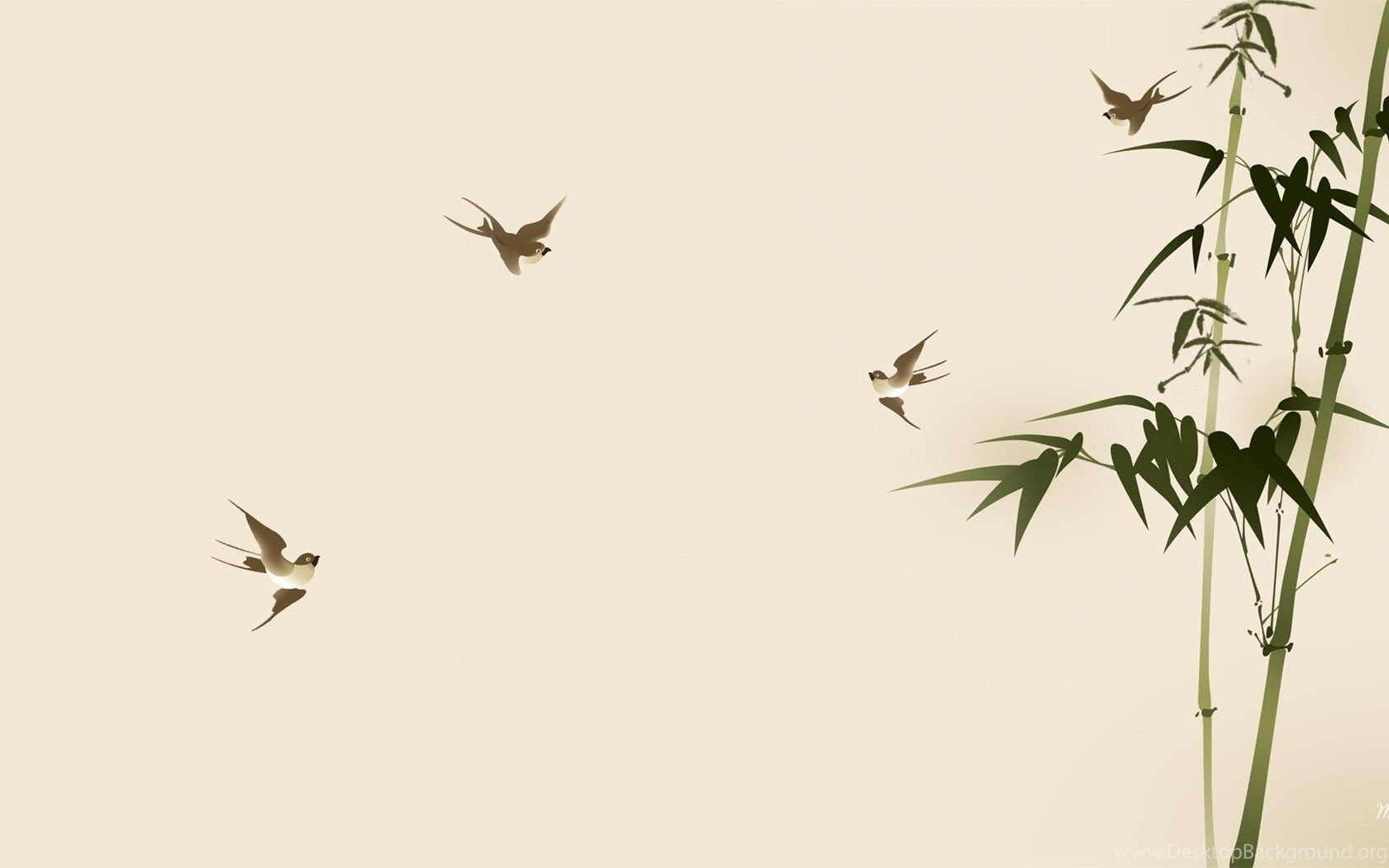 Birds: Asian Bamboo Birds Summer Tree Oriental Simple Soft Spring. Desktop Background