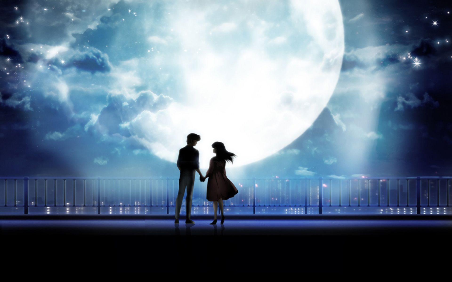 Anime Art Anime Couple Holding Hands Moonlight Desktop, Wallpaper13.com