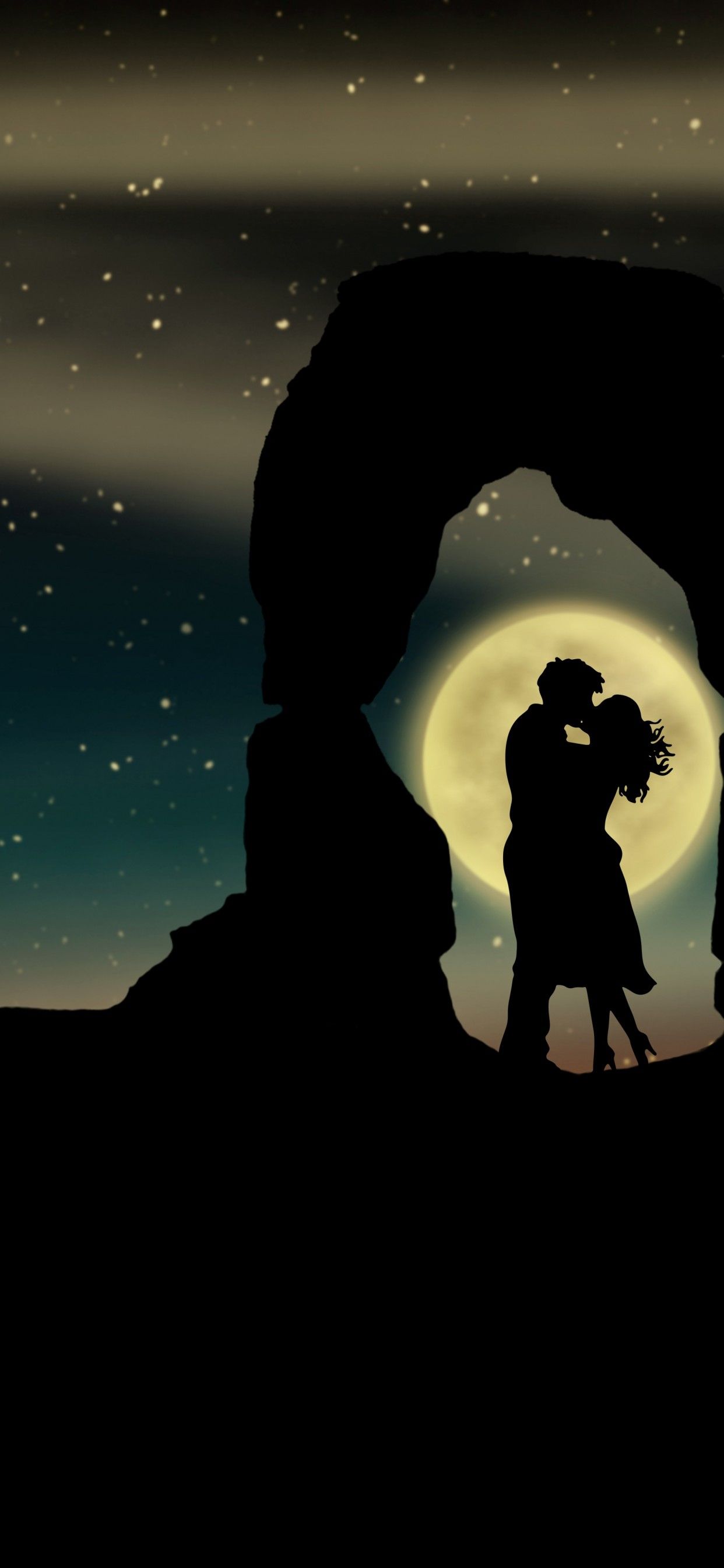 Couple 4K Wallpaper, Lovers, Romantic, Silhouette, Moon, Kissing couple, 5K, Love
