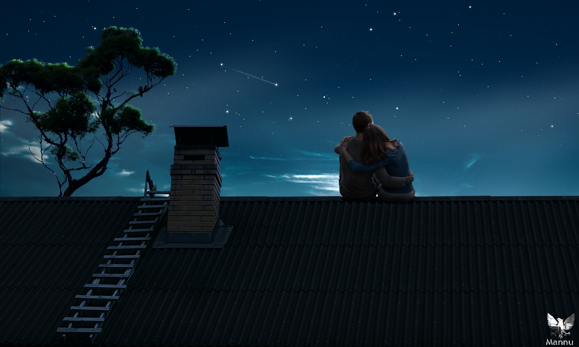 Wallpaper, drawing, night, sky, moonlight, couple, midnight, darkness, image, screenshot, computer wallpaper, atmosphere of earth 2000x1200