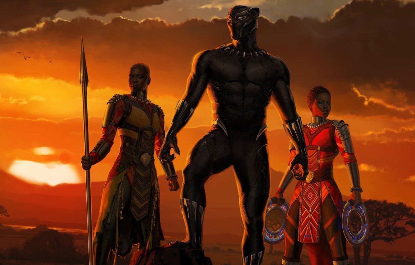 Wallpaper sunset, girls, Africa, girls, Marvel, movie, 2018, Africa, EXCLUSIVE, Black Panther, T`Challa, MCU, Wakanda, Black Panther, T Challa, Of wakanda image for desktop, section фильмы