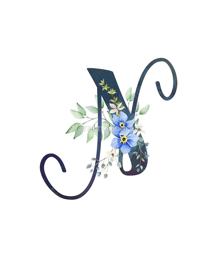 Monogram N Wild Blue Flowers' Sticker by floralmonogram. Lukisan huruf, Seni huruf, Bingkai bunga