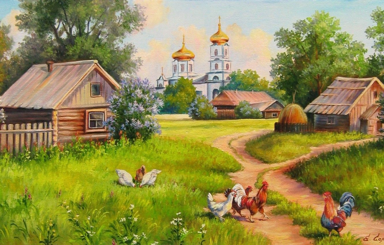 Wallpaper summer, village, picture, Church, painting, painting, E. Samara image for desktop, section живопись