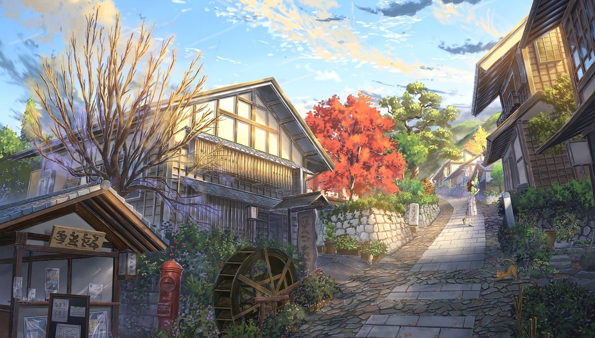Download 1920x1090 Buildings, Village, Anime Landscape, Scenic, Clouds, Clouds, Summer, Cat Wallpaper