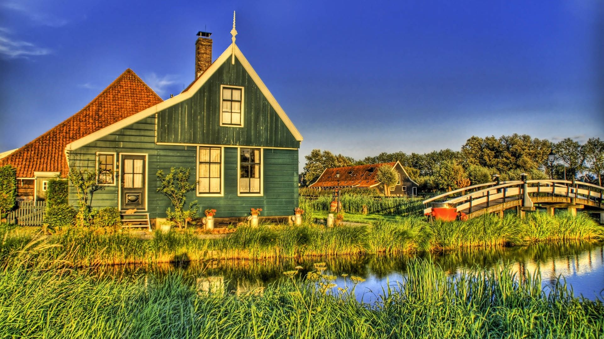 Wallpaper, village, house, bridge, river, grass, sky, summer, HDR 1920x1080