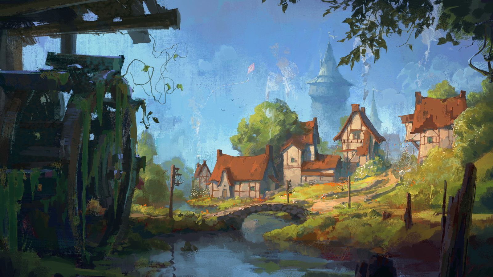 Summer Village Artwork 8xaxG. Fantasy Village, Anime Scenery, Fantasy Concept Art